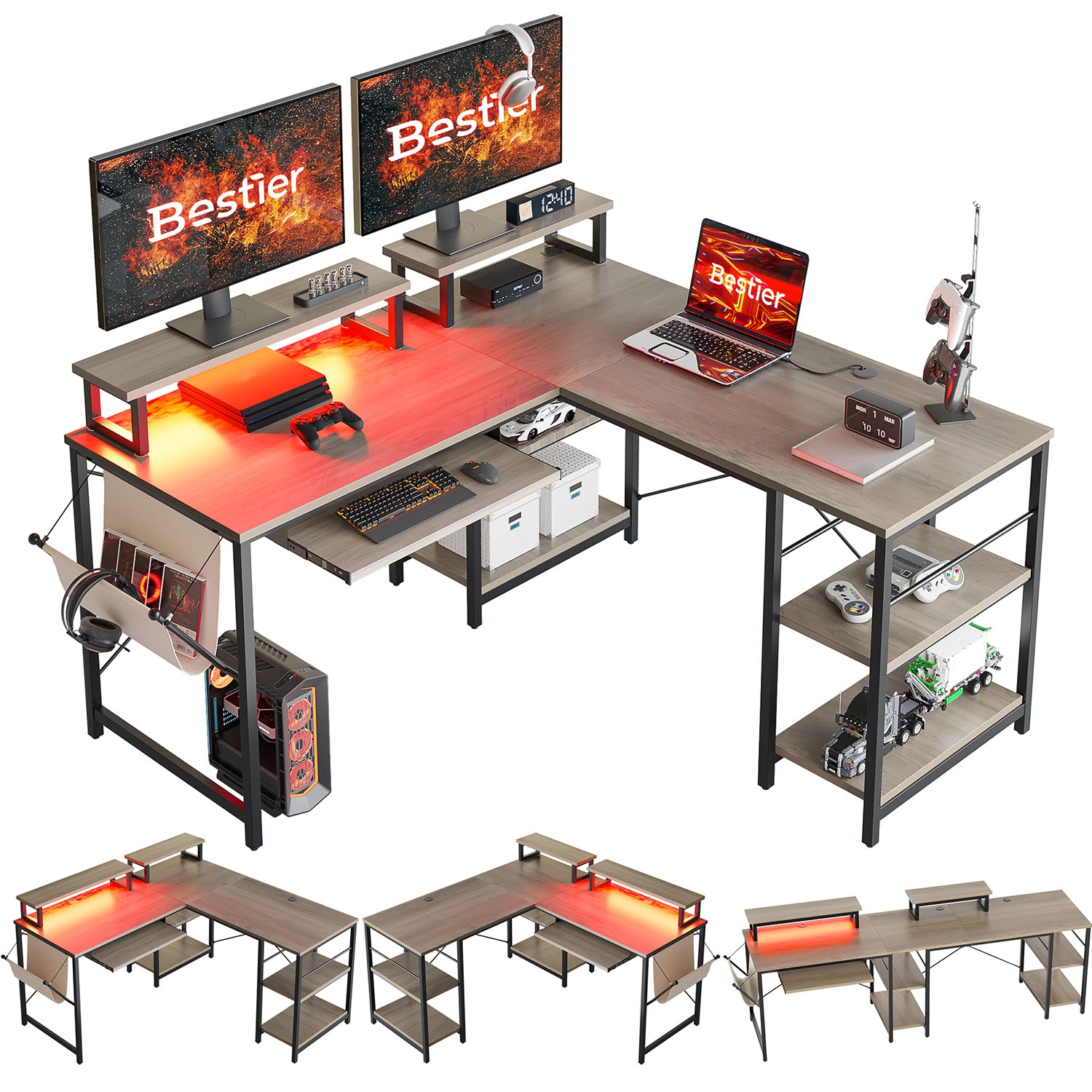 Bestier L Shaped Gaming Desk with Led Light 95.2 Inch Computer Corner Desk or 2 Person Long Table with Shelves Monitor Stand and Keyboard Tray for Home Office