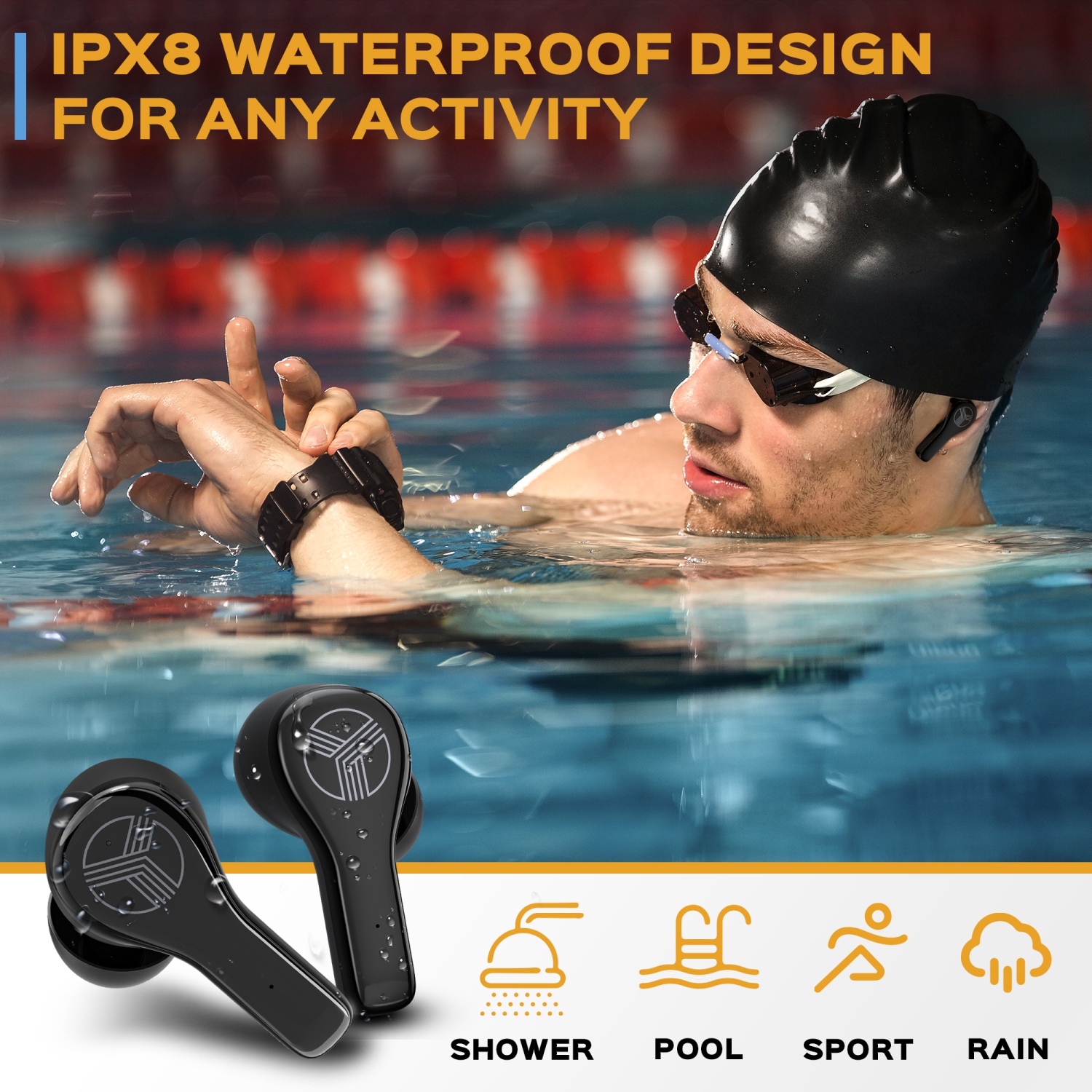 TREBLAB WX8 - True Wireless Earbuds, IPX8 Waterproof Earbuds with up 28H of Play Time, Bluetooth Headphones w/Touch Control and Noise Isolation,