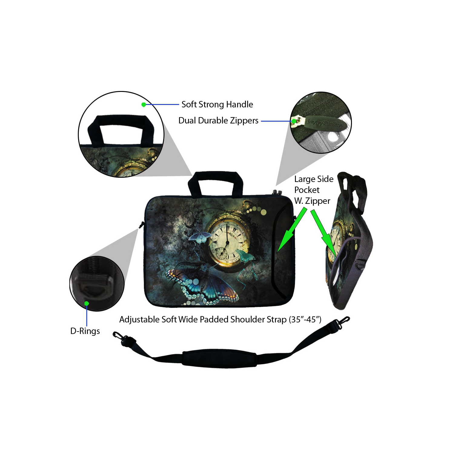 LSS 15.6 inch Laptop Sleeve Bag Notebook with Extra Side Pocket, Soft Carrying Handle & Removable Shoulder Strap for 14" 15" 15.4" 15.6" - Clock