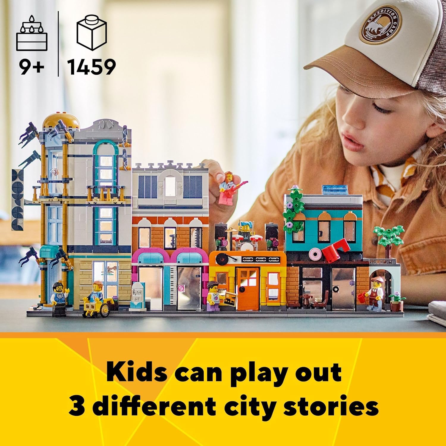 LEGO Creator 3 in 1 Main Street Building Toy Set, Features a Toy City, Art Deco Building, Market Street, Hotel, Café, Music Store and 6 Minifigures
