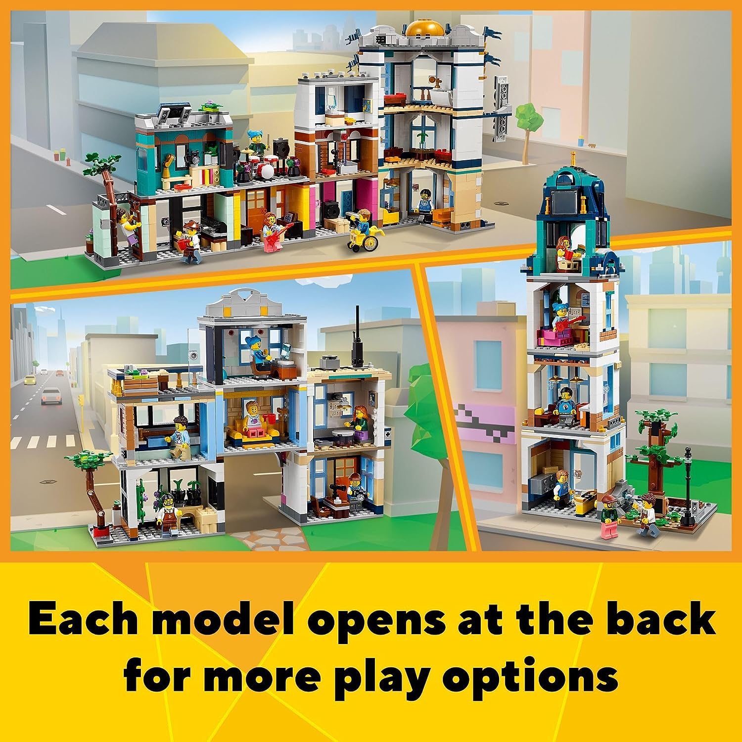 LEGO Creator 3 in 1 Main Street Building Toy Set, Features a Toy City, Art Deco Building, Market Street, Hotel, Café, Music Store and 6 Minifigures