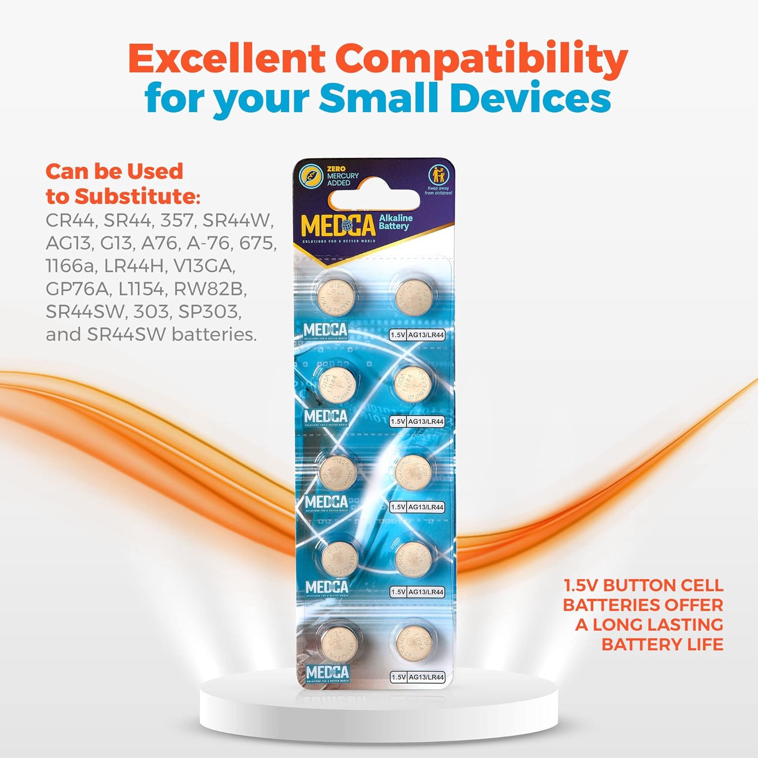 Piles alcalines 1,5v de Medca - pile LR44 AG13 357 303 Sr44 - pile bouton pour prothèses auditives et amplificateurs, jouets, télécommandes,