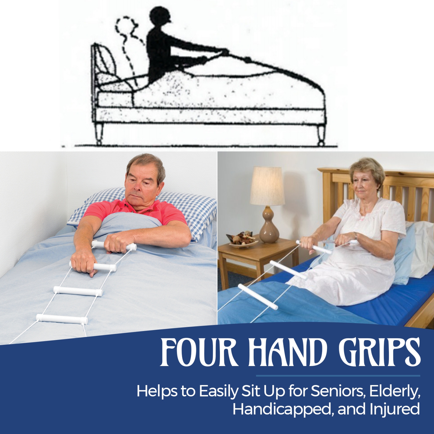 Medca Bed Helper Adjustable Home Pull Up Assist Ladder Strap with Grip and Handles - Glows in the Dark - Help to Easily Sit Up for Seniors,