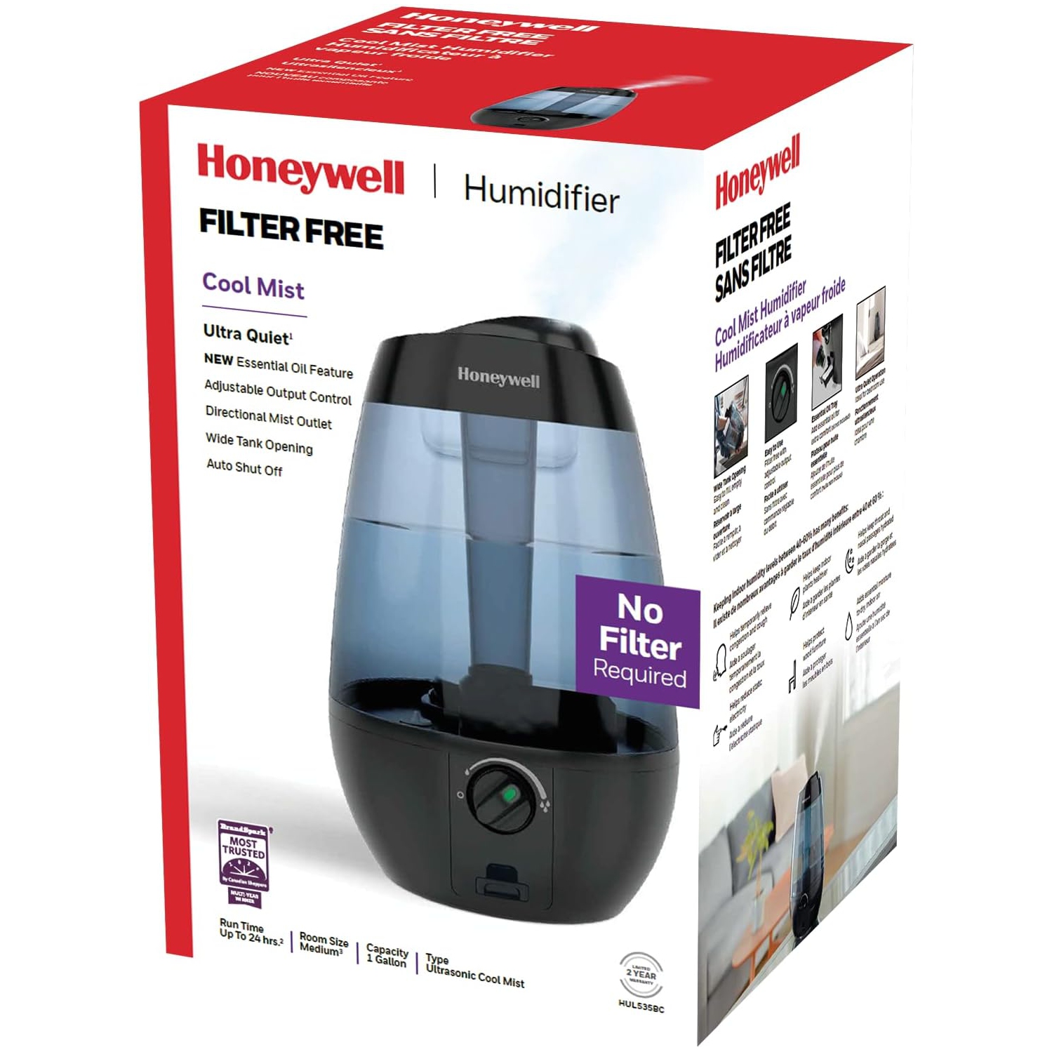 Honeywell HUL535BC Ultrasonic Cool Mist Humidifier, with Variable Output Control, Auto Shut-off, Ultra Quiet Operation, Directional Mist Outlet, Cool