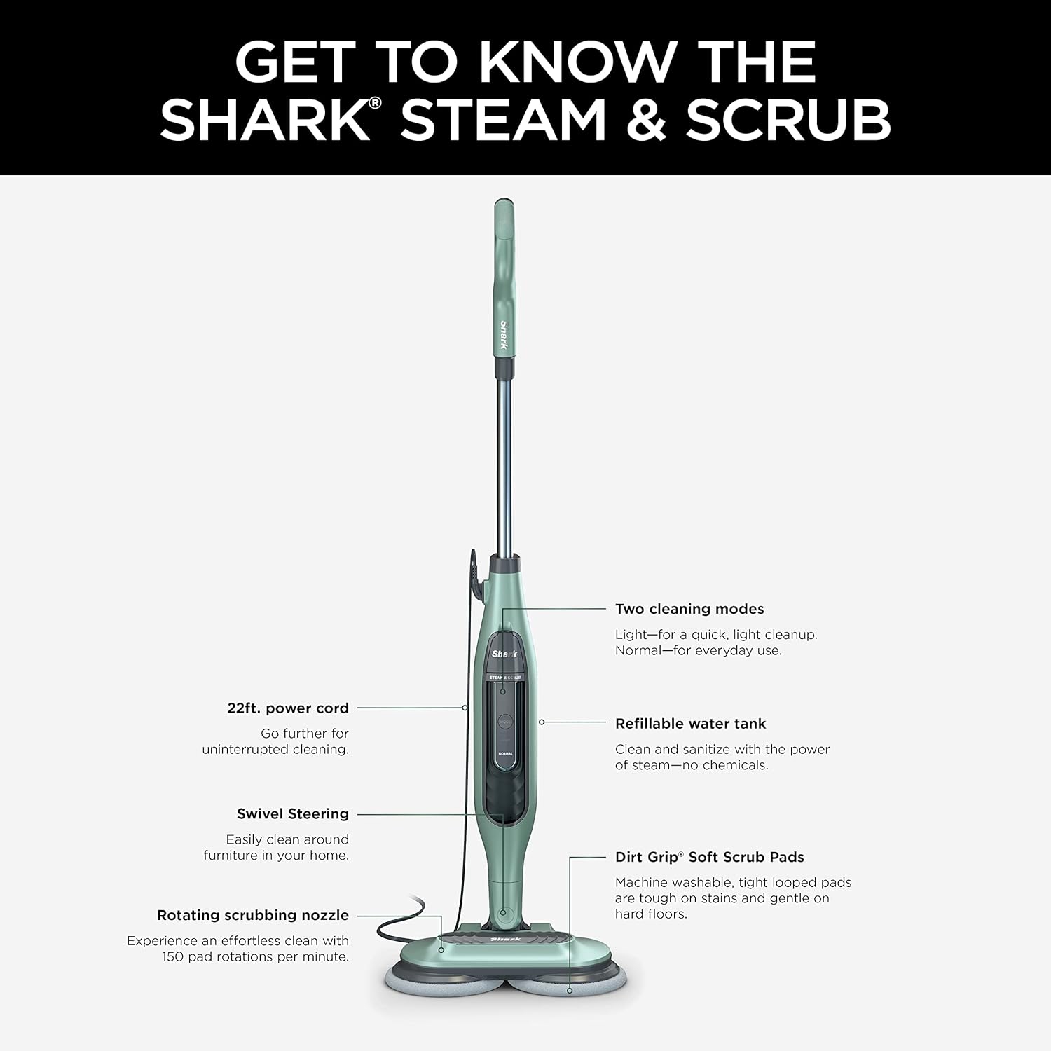 Shark S7000C Steam & Scrub All-in-One Scrubbing and Sanitizing Hard Floor Steam Mop, Sage Green