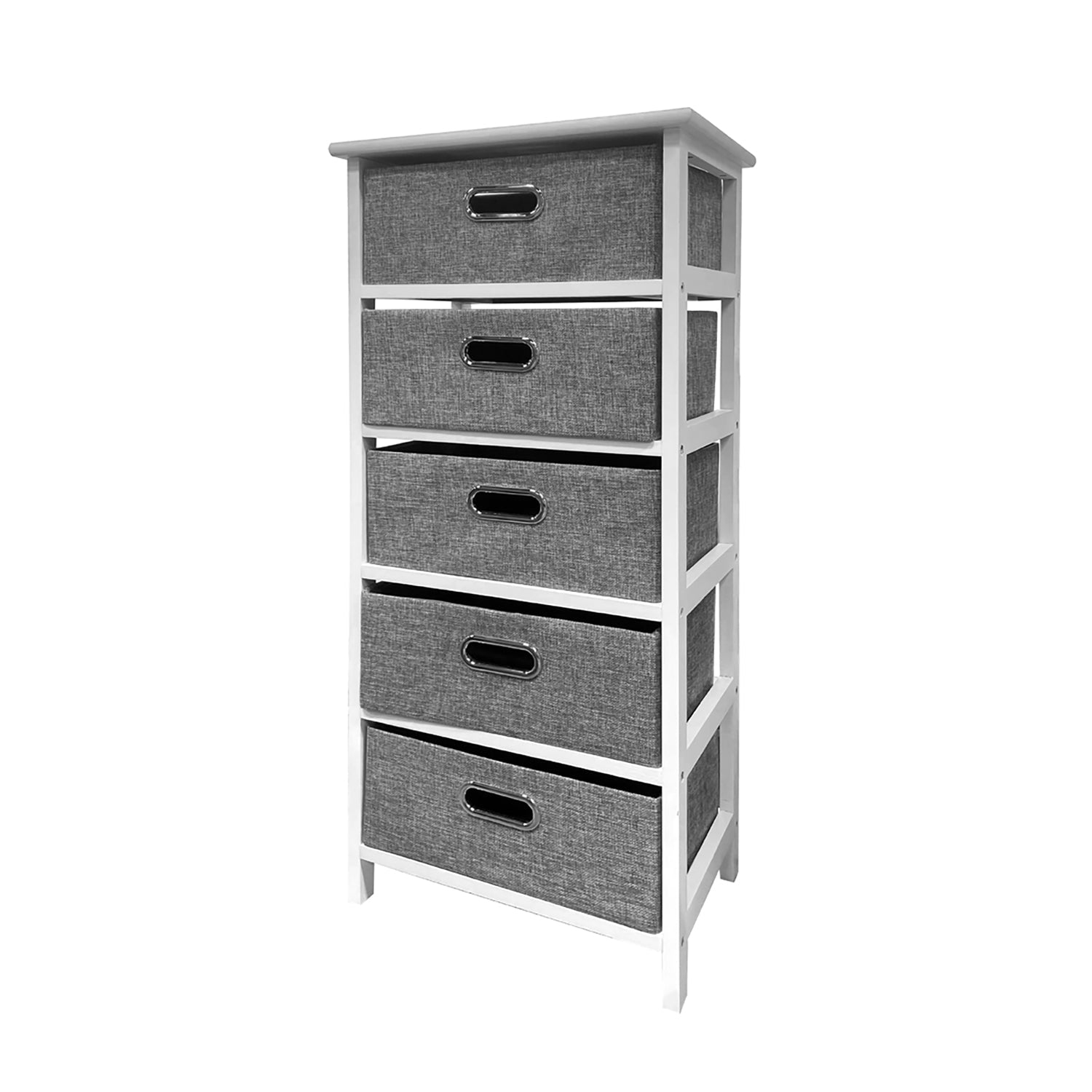 Jessar - unité de rangement en bois avec 5 tiroirs en tissu, gris et blanc