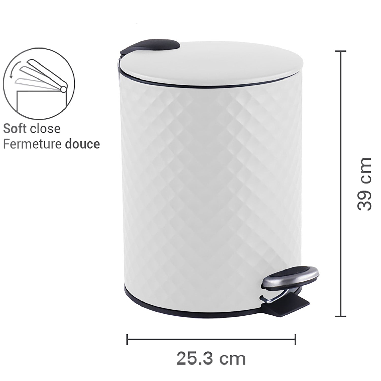 Jessar – bac à pédales, capacité de 12 litres, fermeture en douceur, blanc