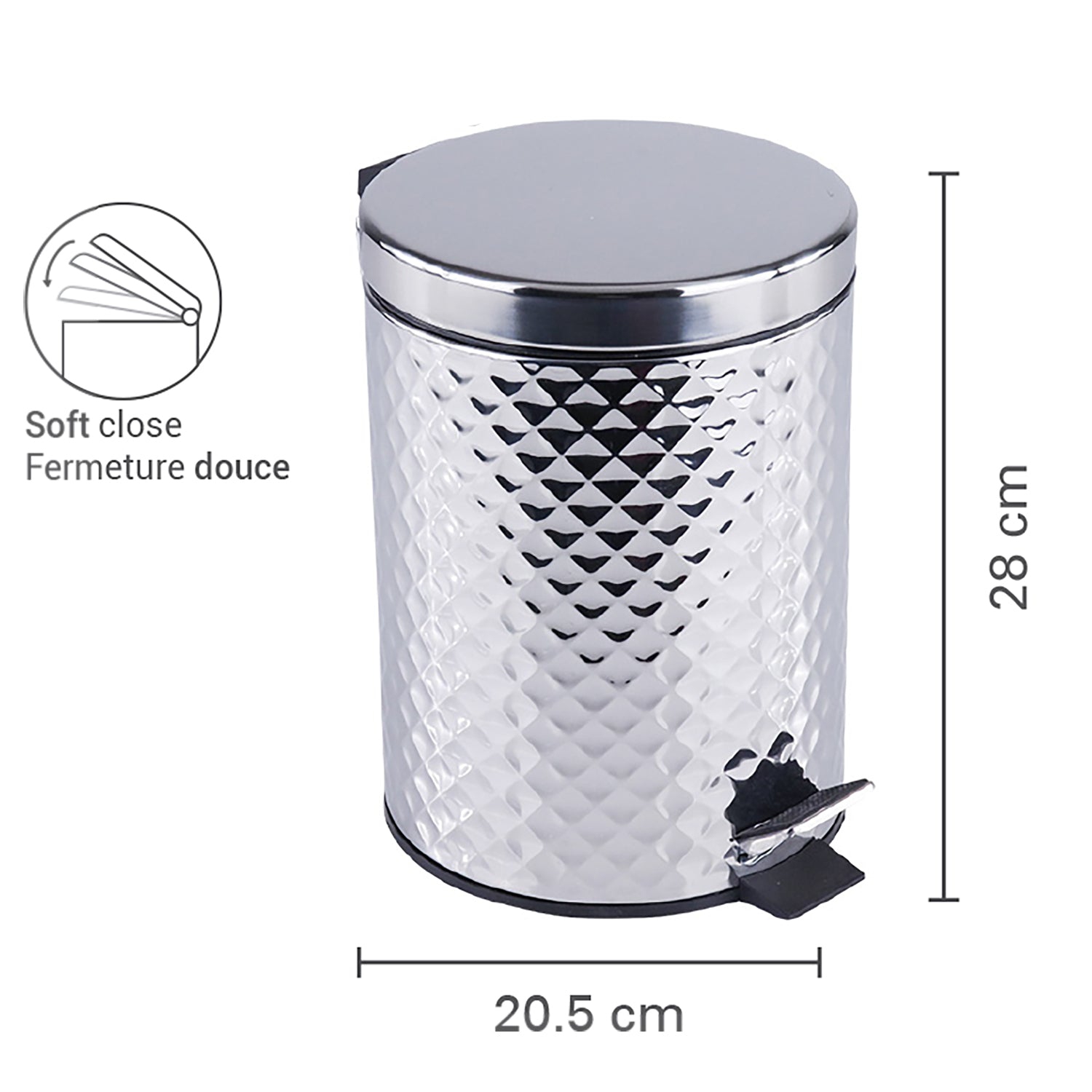 Jessar – bac à pédales, capacité de 5 litres, fermeture en douceur, argenté