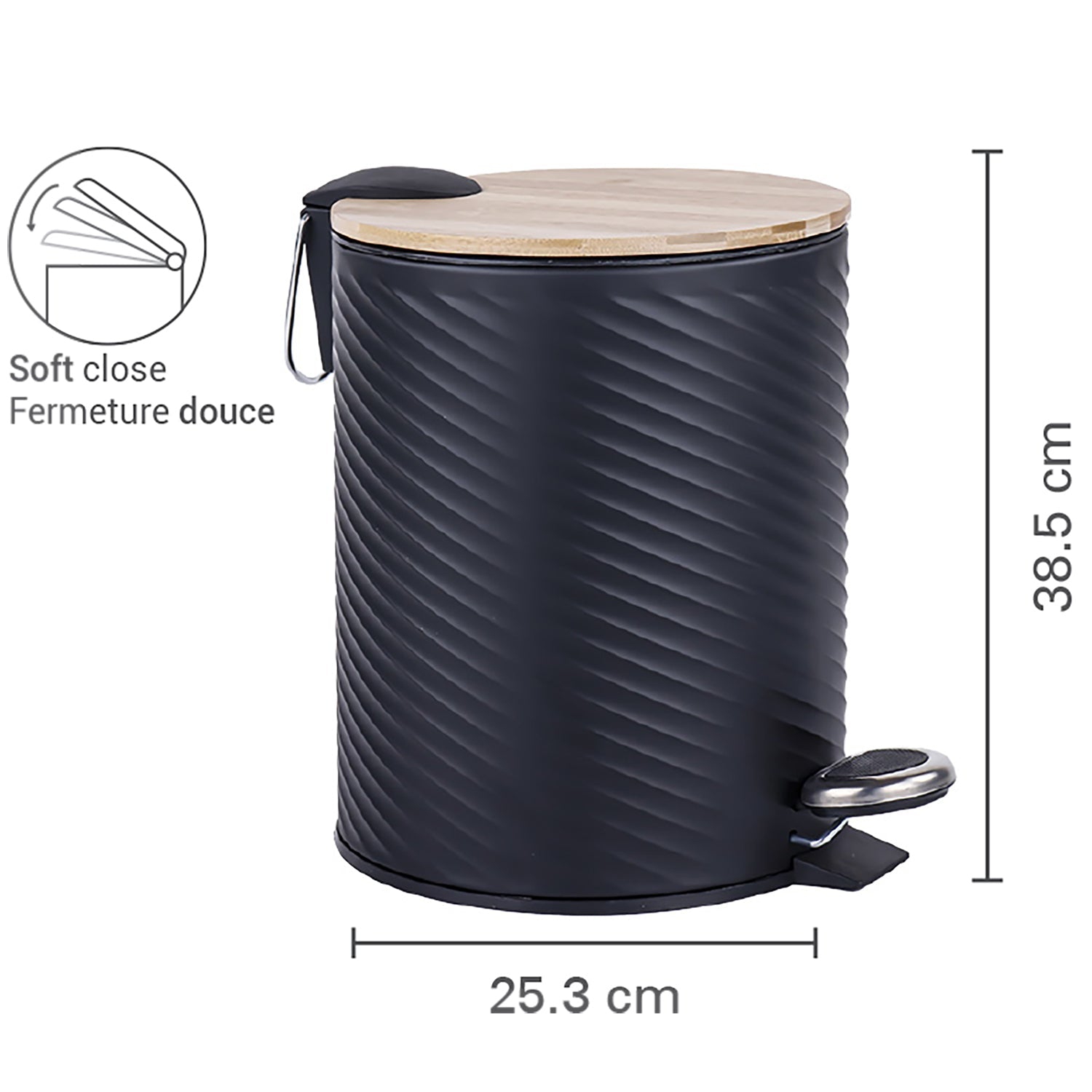 Jessar - Pedal Bin, 12 Liter Capacity, Soft Close, Bamboo Lid, Black