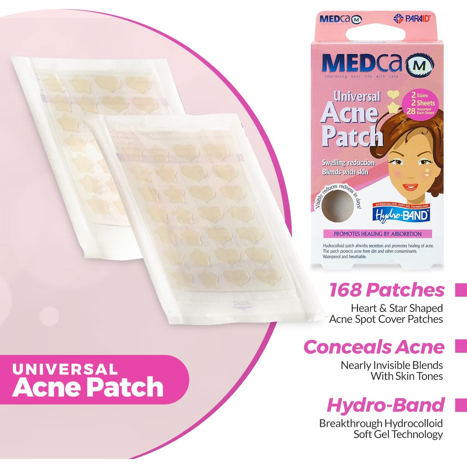 Acne Patch - Pimple Spot Treatment Hydrocolloid Bandages Absorbing Zit Cover Dots, Heart and Star Shapes by Medca