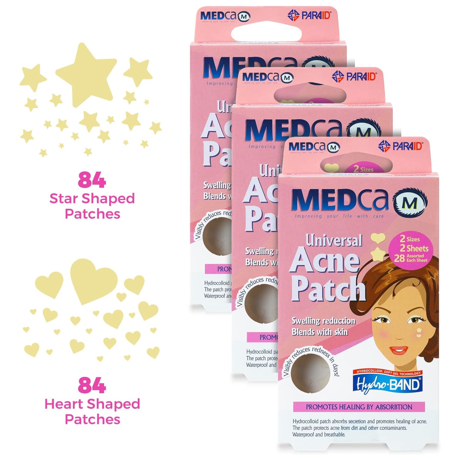 Acne Patch - Pimple Spot Treatment Hydrocolloid Bandages Absorbing Zit Cover Dots, Heart and Star Shapes by Medca