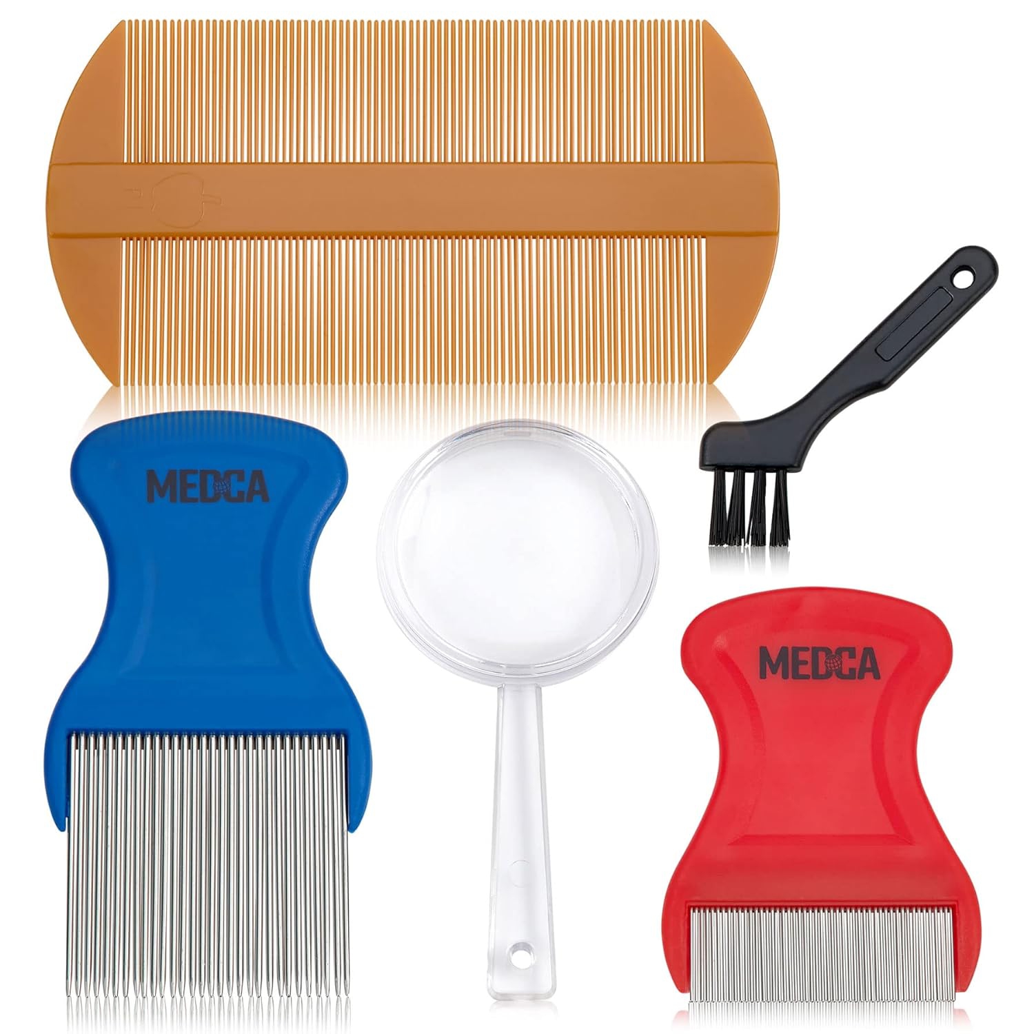 Premium 5 Piece Lice Kit - Nit Removal Fine Tooth Comb and Magnifier Full Treatment Set - Louse and Nit Combs Removes Eggs with Rounded Tips for