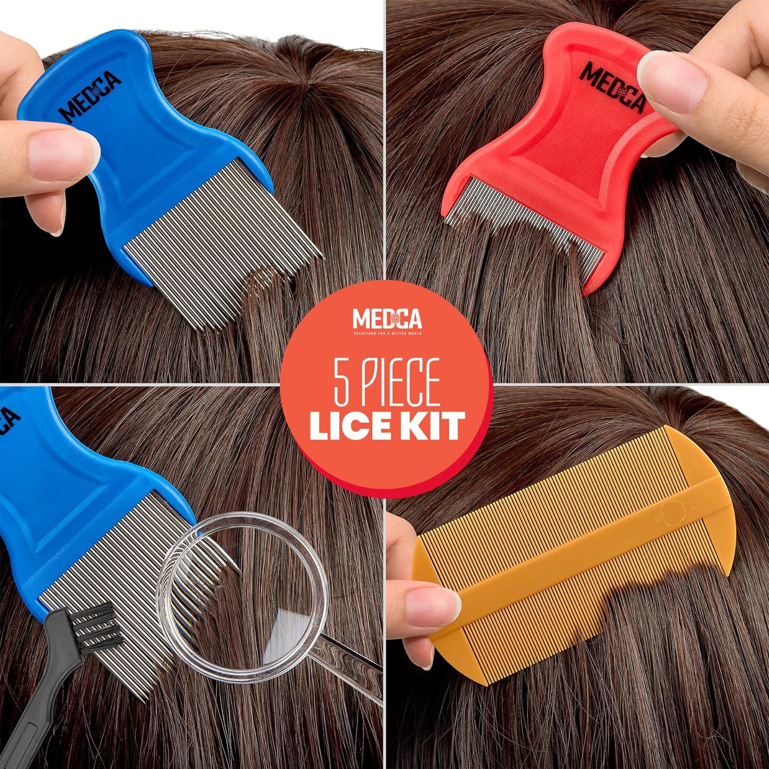 Premium 5 Piece Lice Kit - Nit Removal Fine Tooth Comb and Magnifier Full Treatment Set - Louse and Nit Combs Removes Eggs with Rounded Tips for