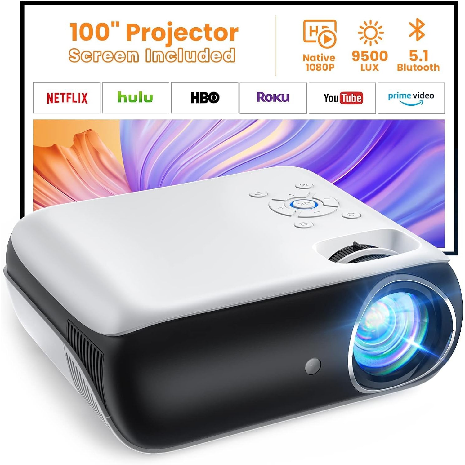 ‎HAPPRUN Native 1080P Bluetooth Projector with 100''Screen, 9500L Portable Outdoor Compatible with Smartphone, HDMI,USB,AV,Fire Stick, PS5
