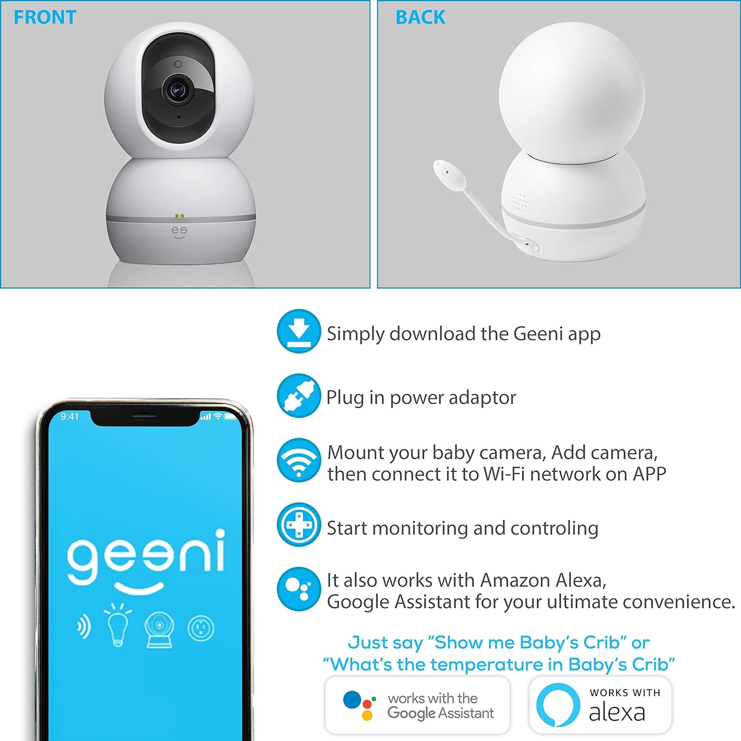 Geeni Smart Home Pet and Baby Monitor with Camera, 1080p Wireless WiFi Camera with Motion and Sound Alert