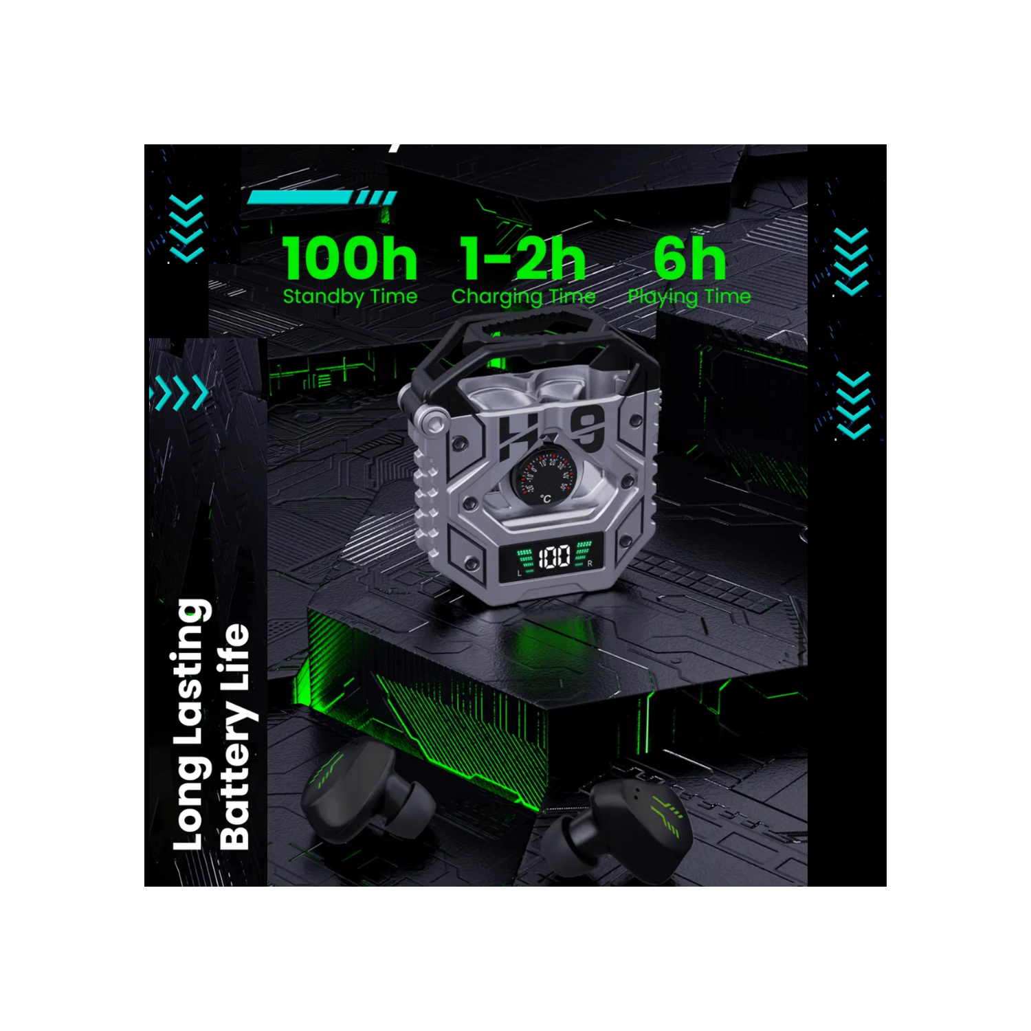 TUTT H9 TWS Casque de jeu sans fil en alliage de zinc avec micro Bt5,3 | Thermomètre | grande capacité de batterie Écouteurs à suppression du bruit