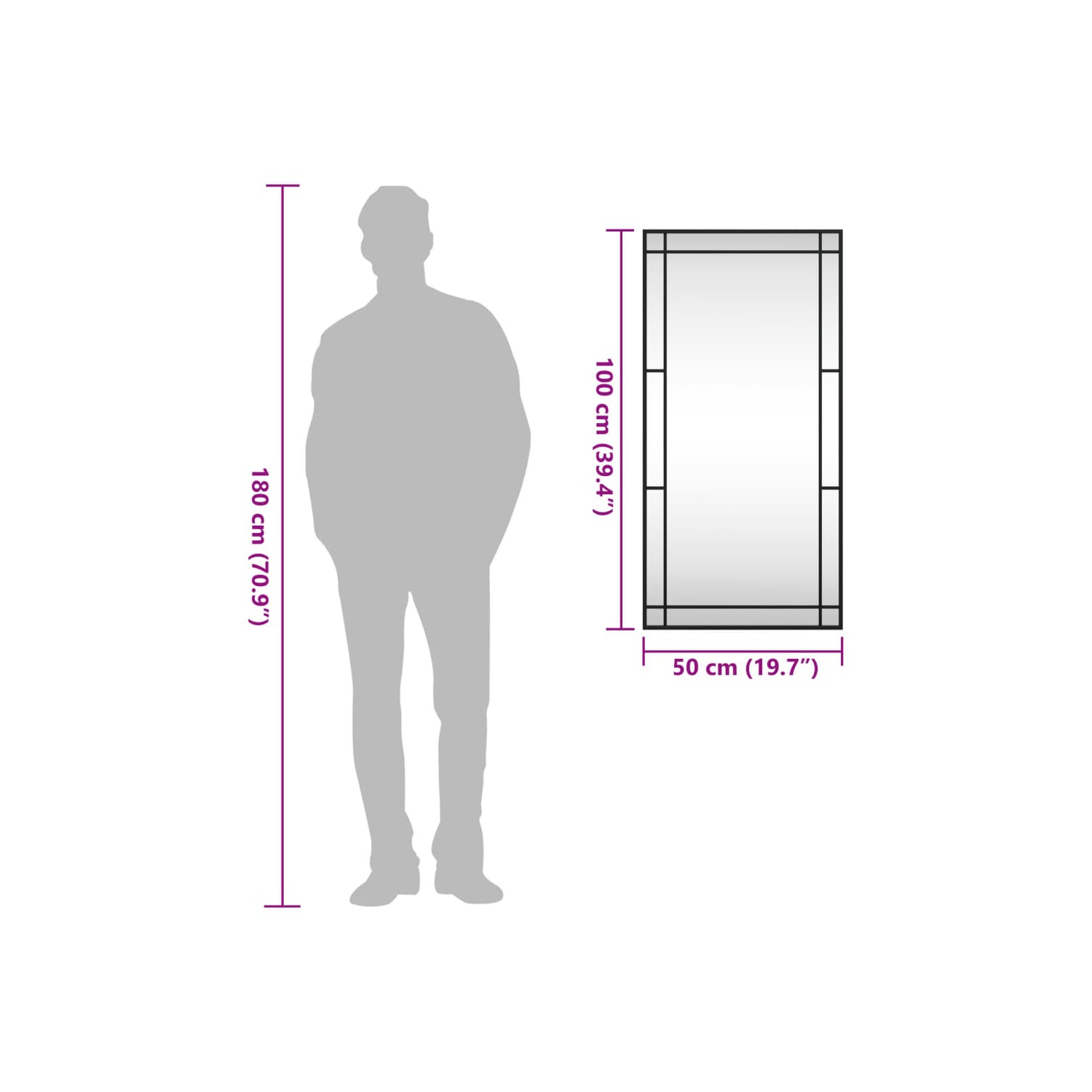 Miroir mural en fer rectangulaire 100&nbsp;cm, noir, 50 x 50 po