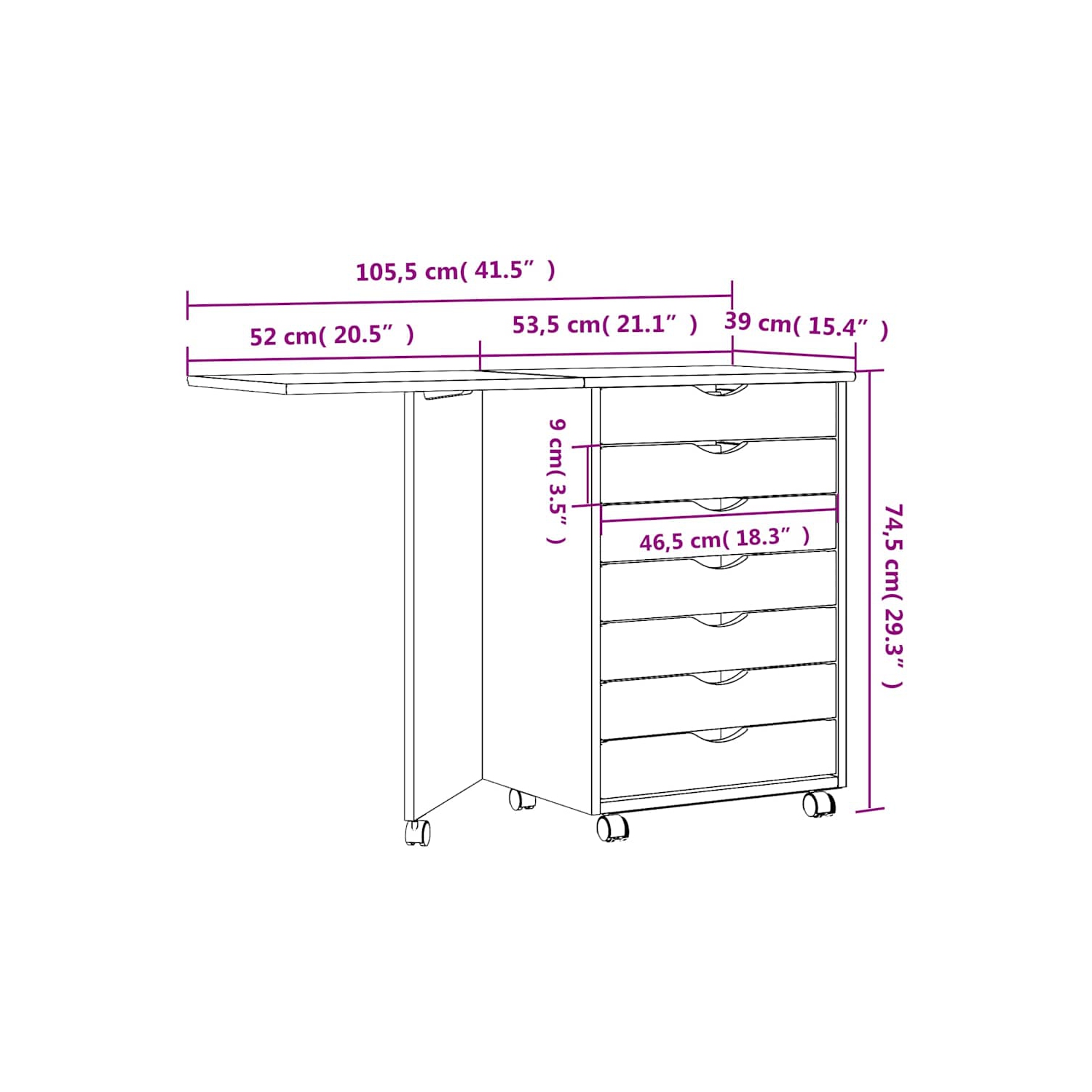 vidaXL MOSS 7-Drawer Chest with Desk & Wheels, Solid Pinewood, 41.5"x15.4"x29.3", White
