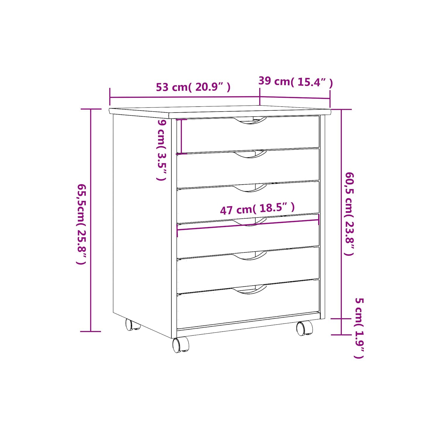 vidaXL MOSS 6-Drawer Chest with Wheels, Solid Pinewood, 20.9"x15.4"x25.8", Honey Brown