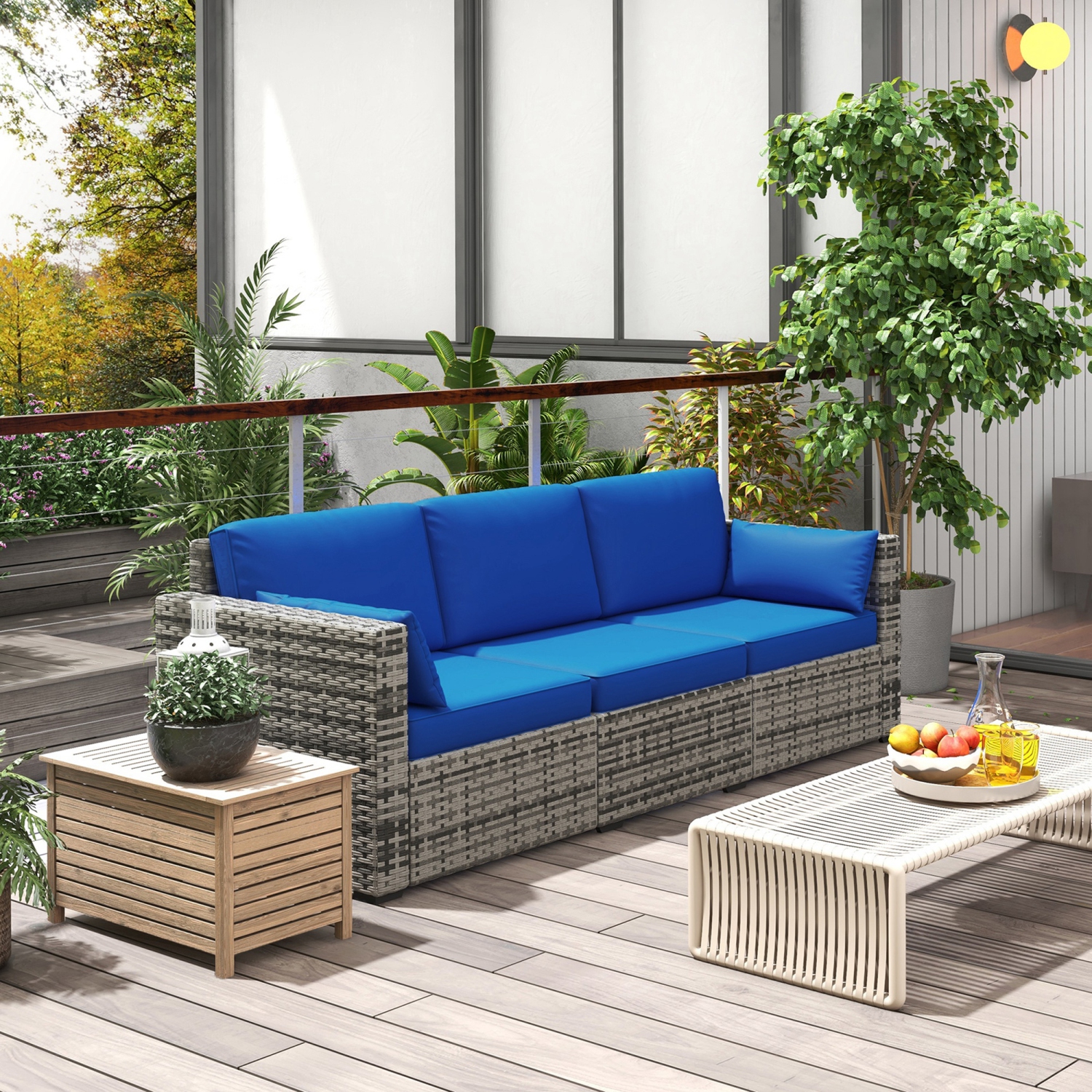 Sofa d'extérieur à trois places Outsunny avec coussins, canapé de patio en osier en rotin de polyéthylène avec coussins pour le jardin, la piscine,