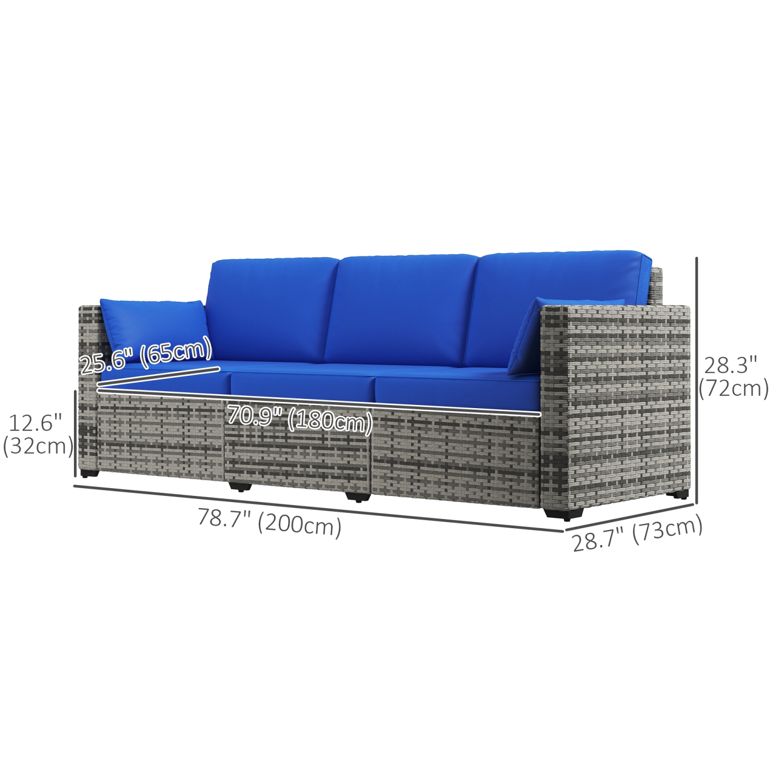 Sofa d'extérieur à trois places Outsunny avec coussins, canapé de patio en osier en rotin de polyéthylène avec coussins pour le jardin, la piscine,