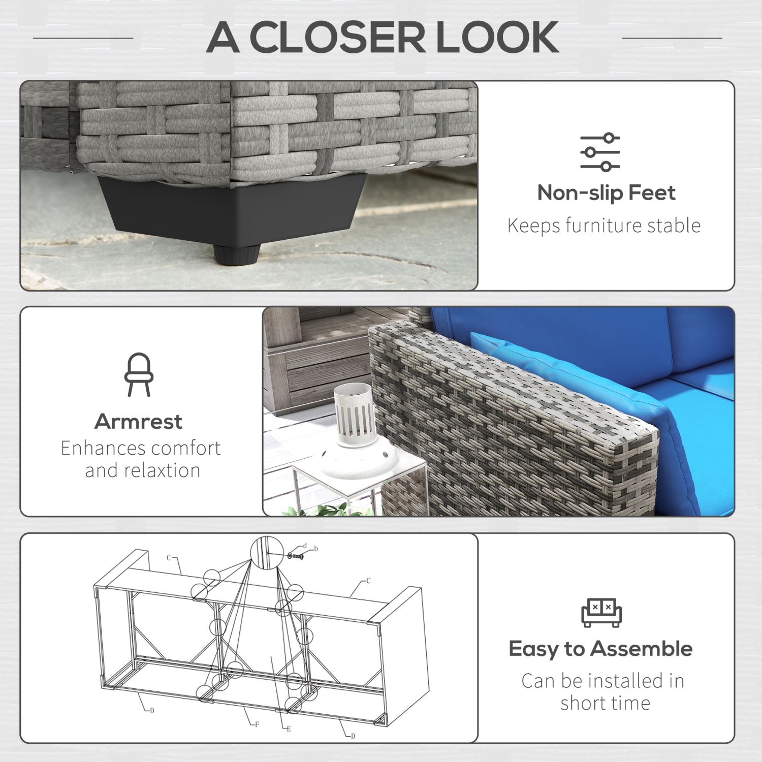 Sofa d'extérieur à trois places Outsunny avec coussins, canapé de patio en osier en rotin de polyéthylène avec coussins pour le jardin, la piscine,