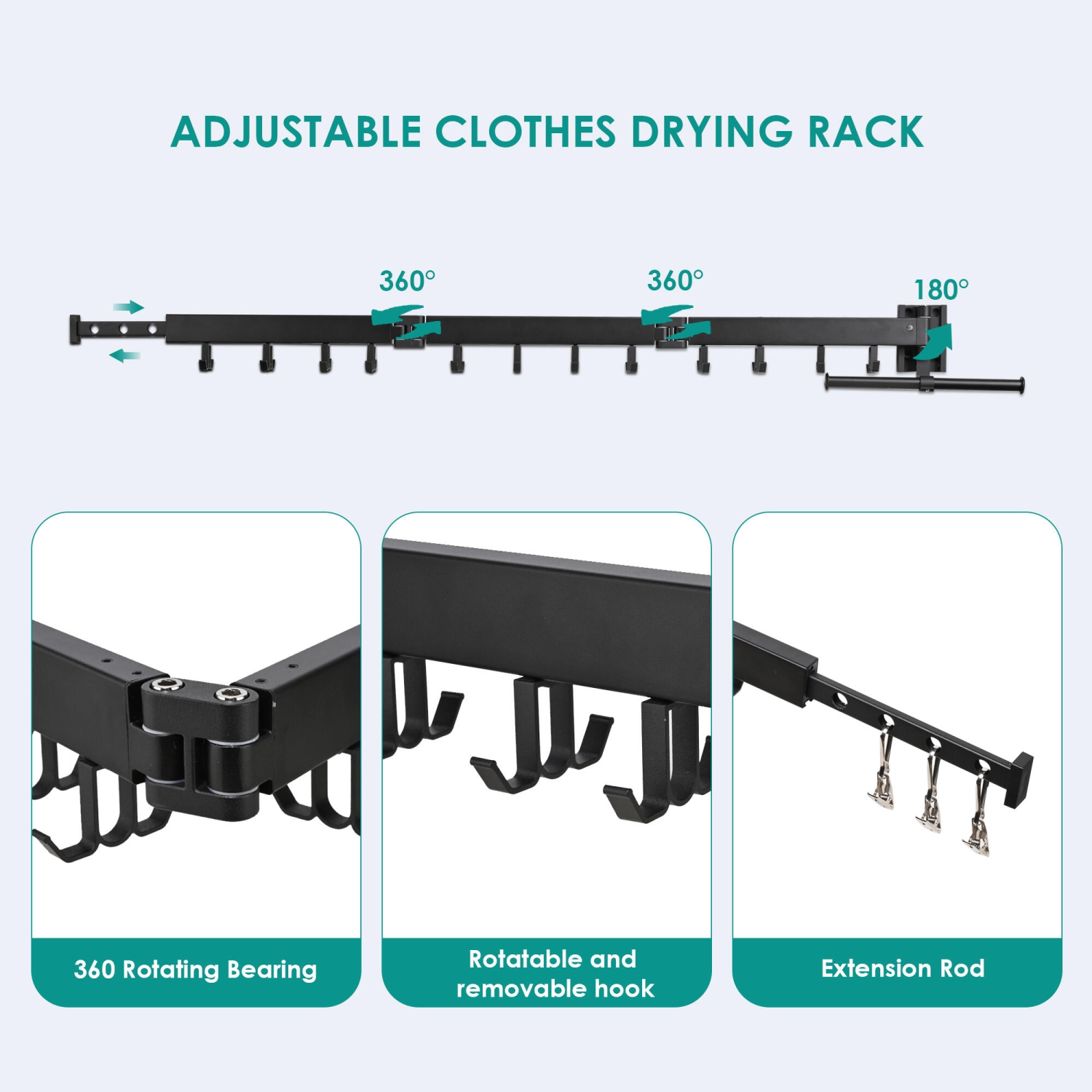 Support mural à vêtements à crochets en J, support à vêtements rétractable 103 cm