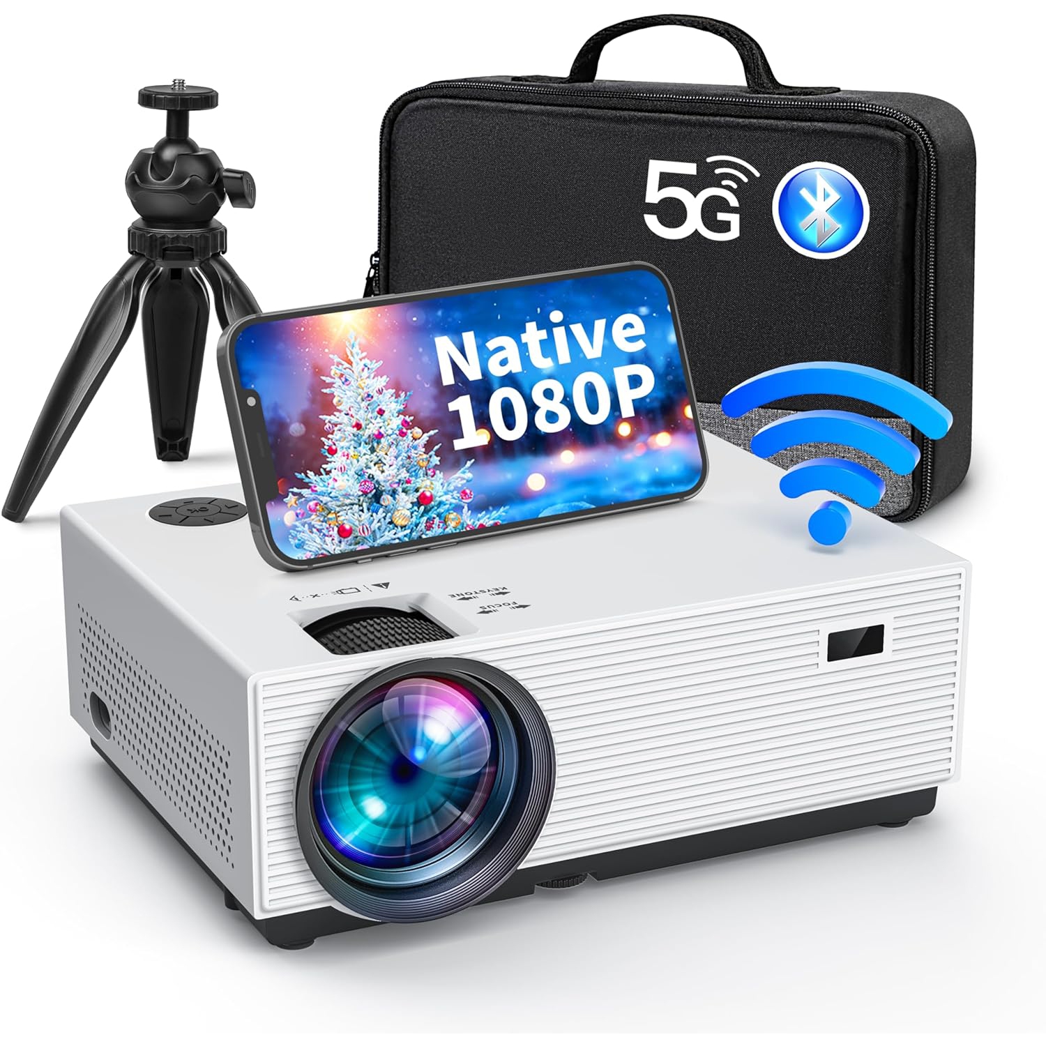 4K Projector with 5G WiFi and Bluetooth, Acrojoy 450 ANSI Native 1080P Mini Projector Support 400" Display, 75% Zoom, Portable Outdoor Movie Projector W/Tripod and Bag