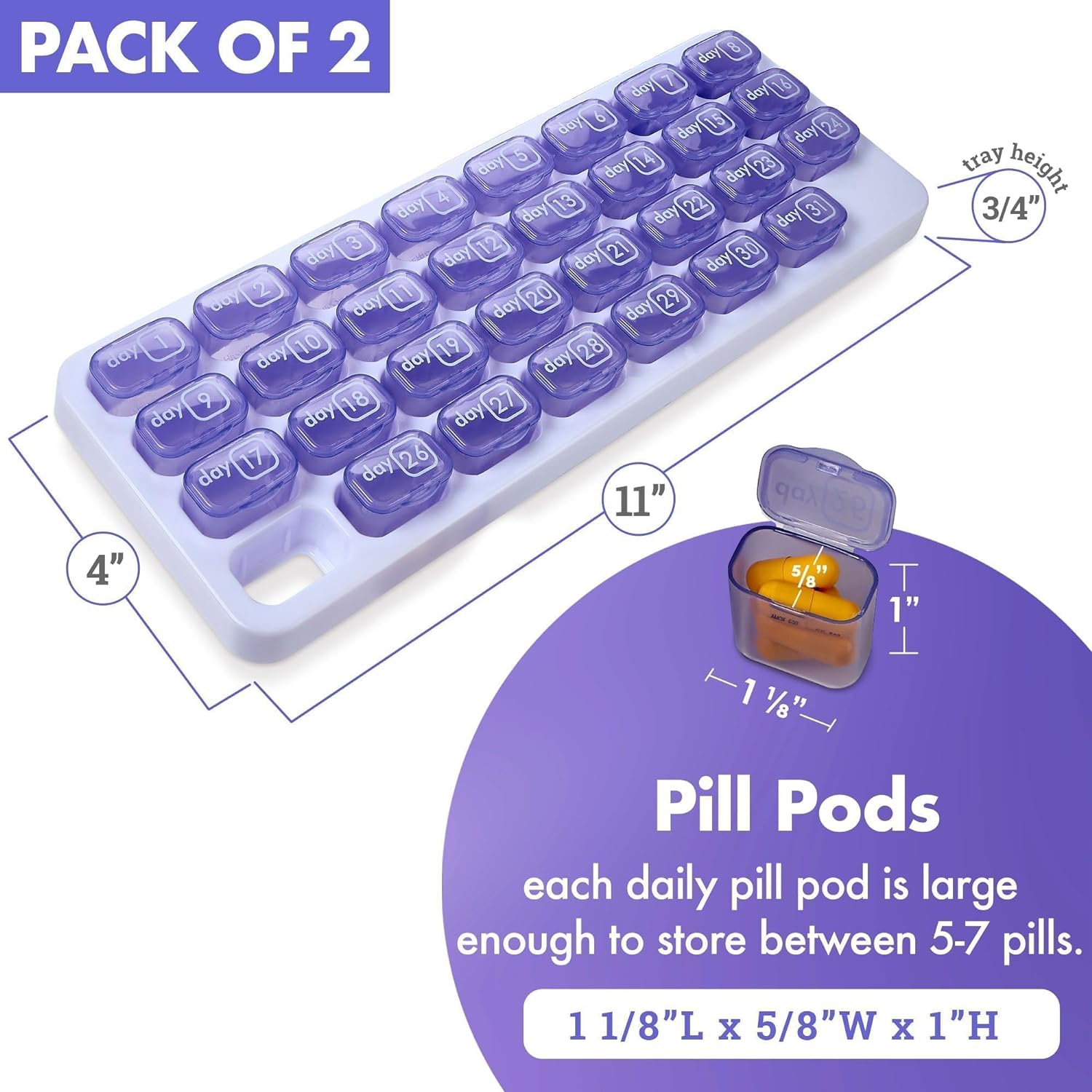 Monthly Pill Organizer - 31 Day Pill Organizer with Large Removable Medication Pod, Portable Pill Case Box and Holder for Daily Medicine and Vitamins