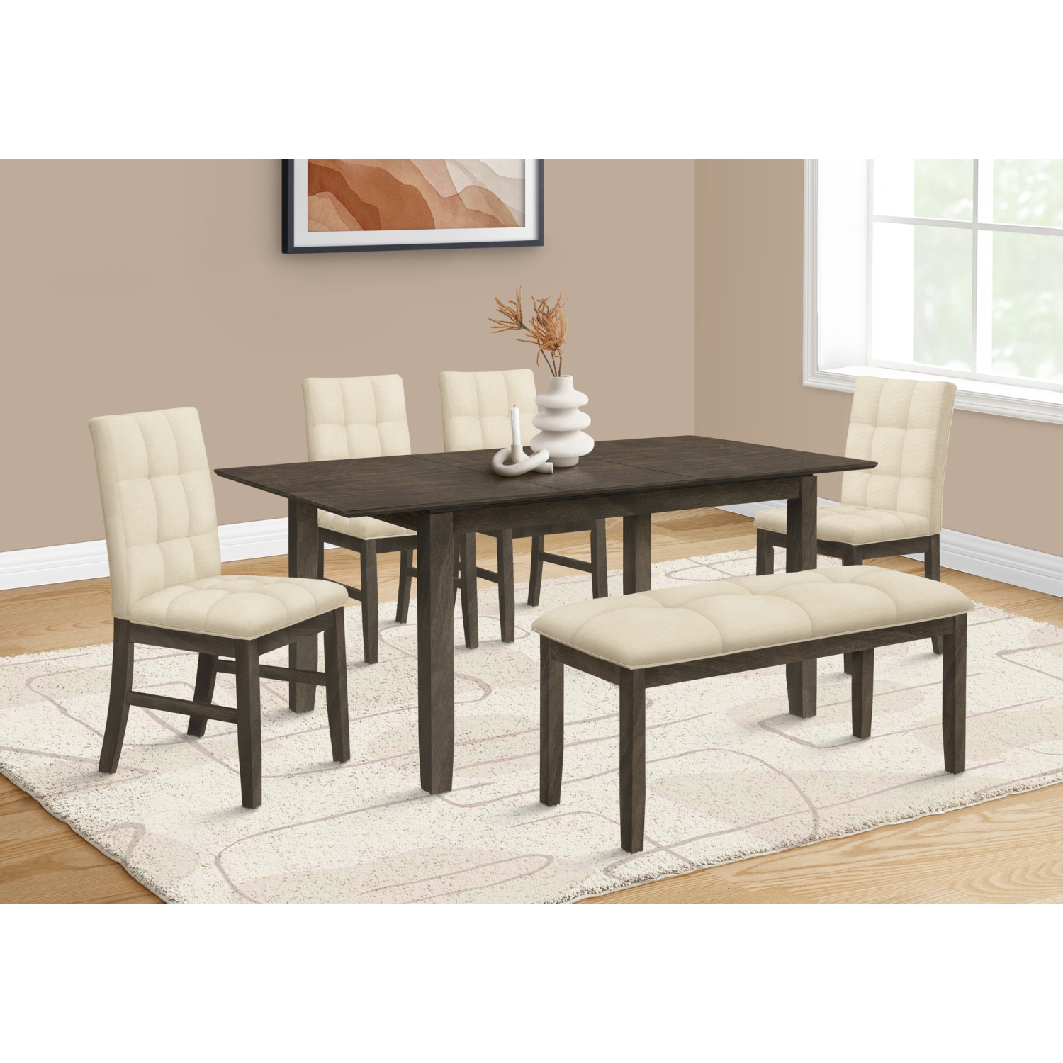 72” Rectangular Dining Table with 18" Extension Panel in Grey Veneer and Solid Wood Legs