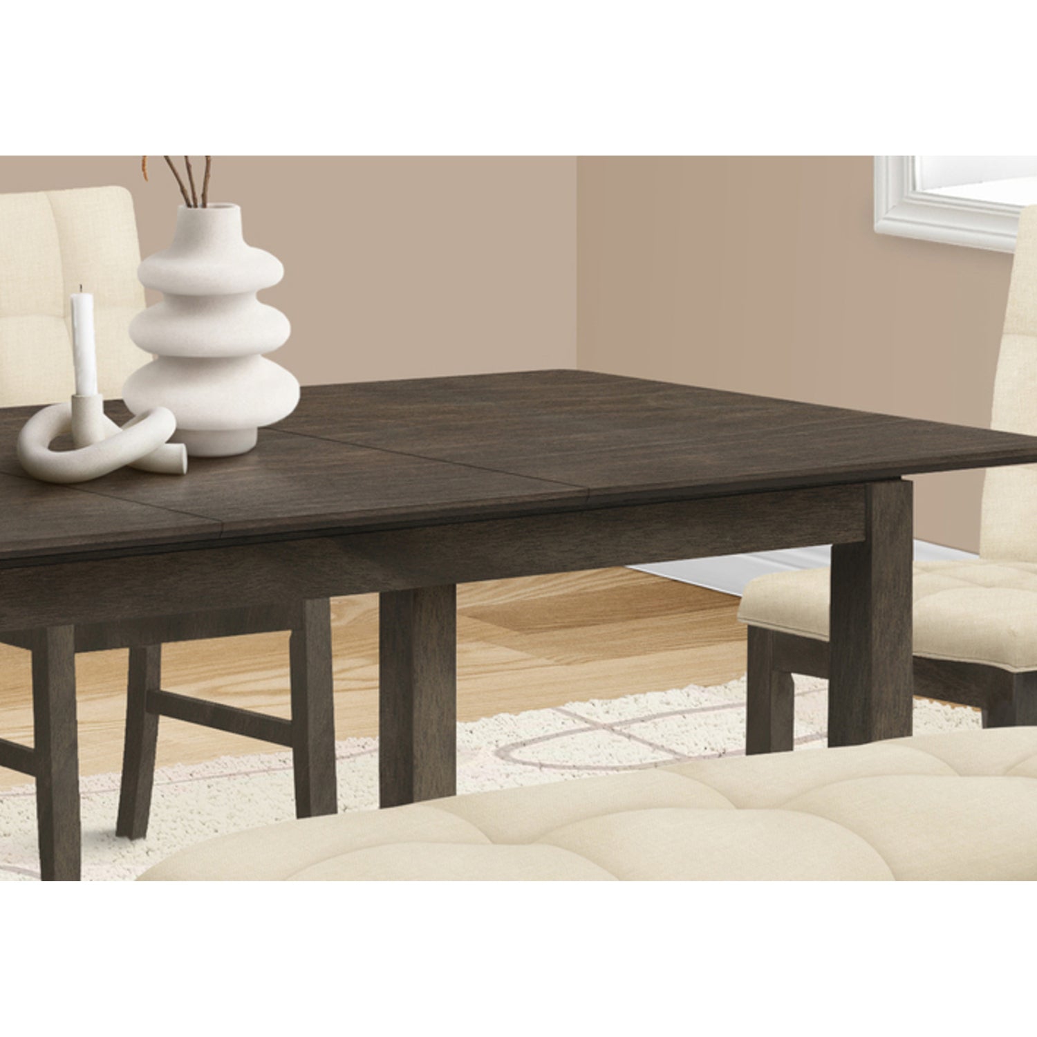 72” Rectangular Dining Table with 18" Extension Panel in Grey Veneer and Solid Wood Legs