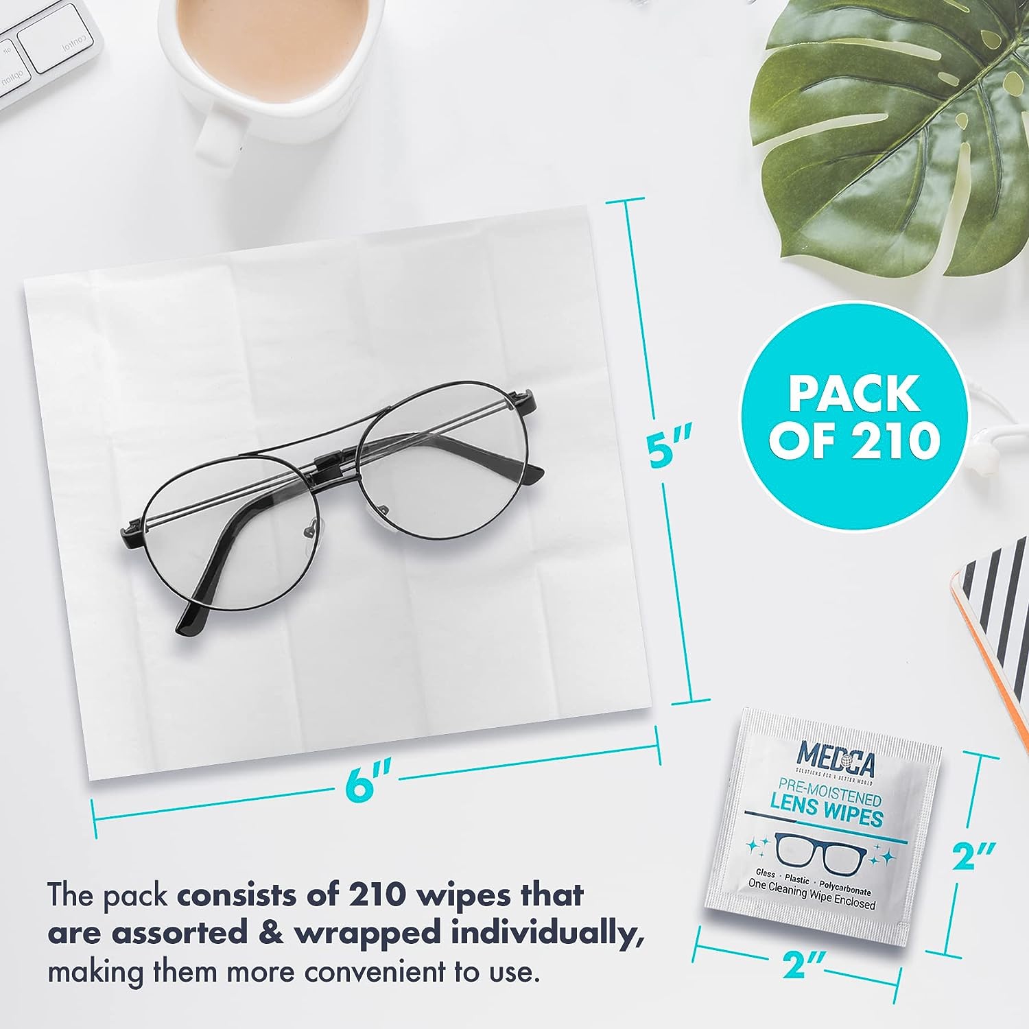 Lingettes nettoyantes pour lentilles Medca - [paquet de 210] lingettes nettoyantes préhumidifiées et tampons nettoyants pour lunettes enrobés