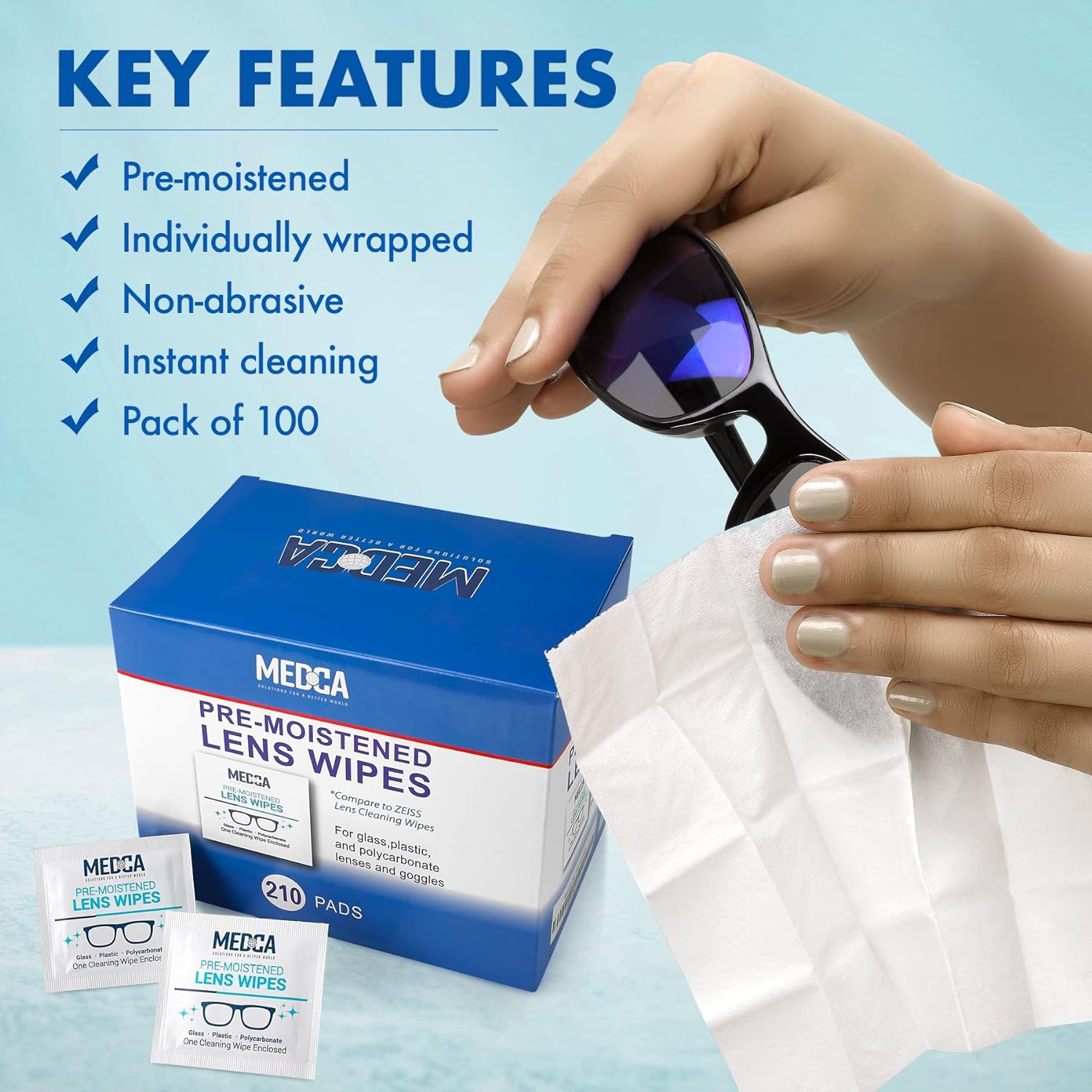 Lingettes nettoyantes pour lentilles Medca - [paquet de 210] lingettes nettoyantes préhumidifiées et tampons nettoyants pour lunettes enrobés