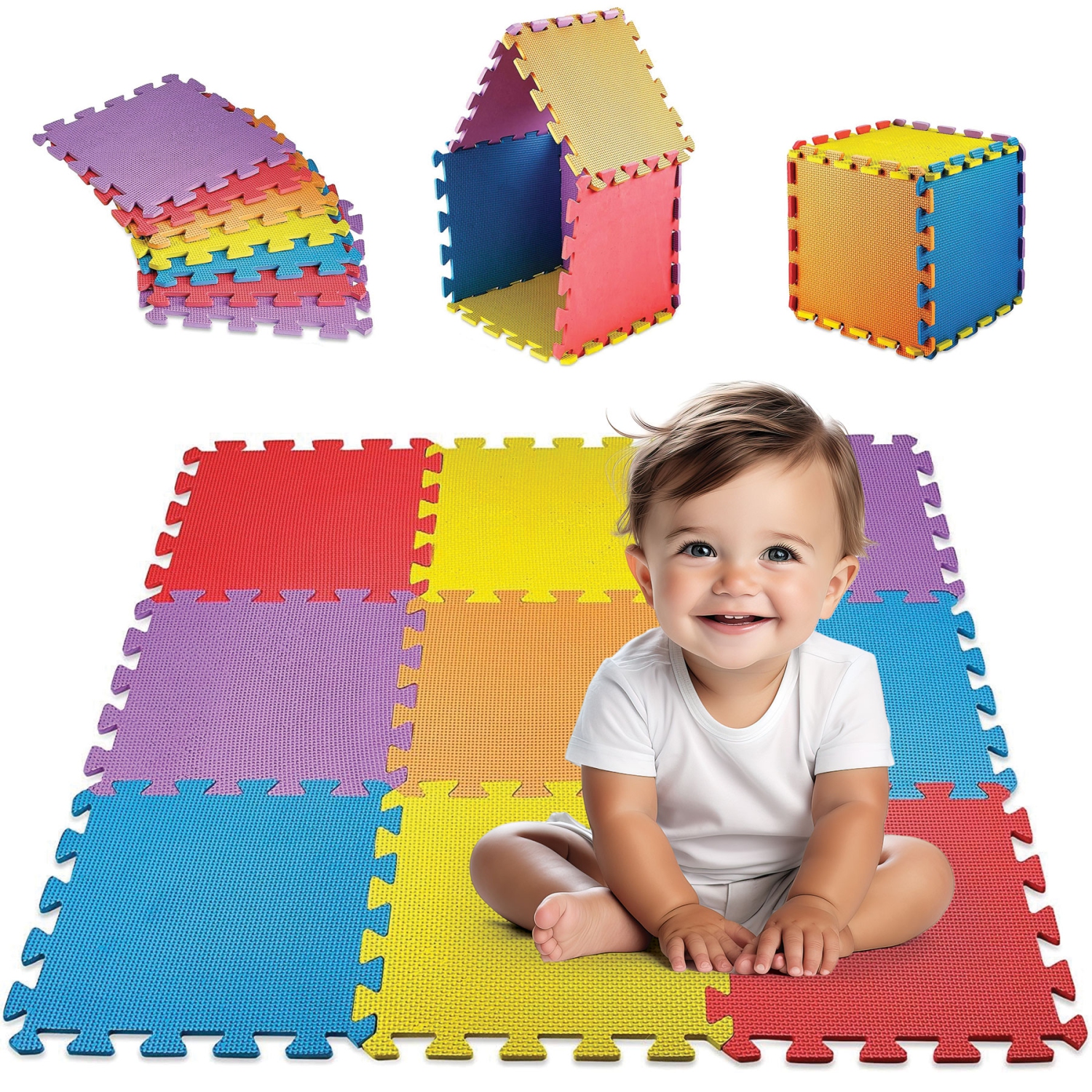 Tapis d'exercice à 10 carreaux Medca tapis de jeu en mousse EVA solide sécurité enfants - 10 pièces de couleur unie aléatoire, recevez soit rouge,