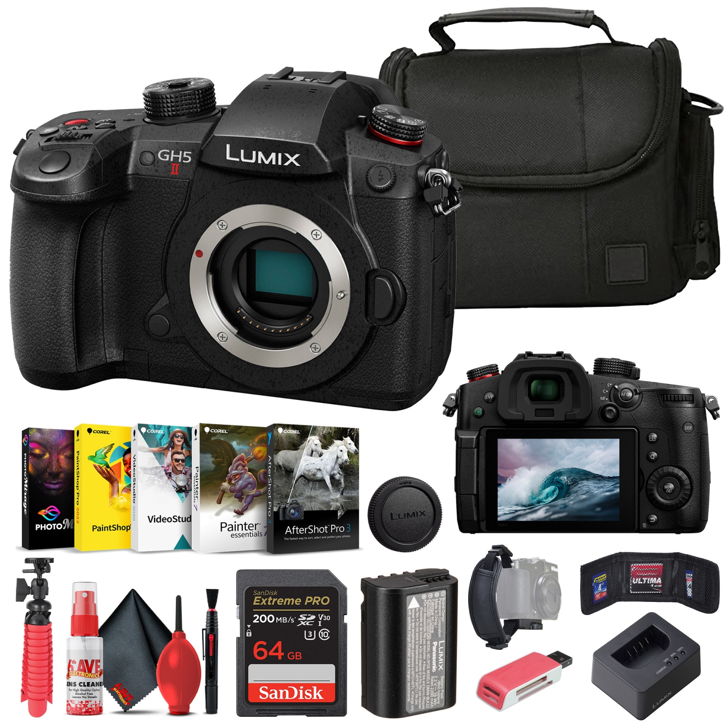 Panasonic Lumix GH5 II Mirrorless Camera + Corel Photo Software + Bag + 64GB Card + More