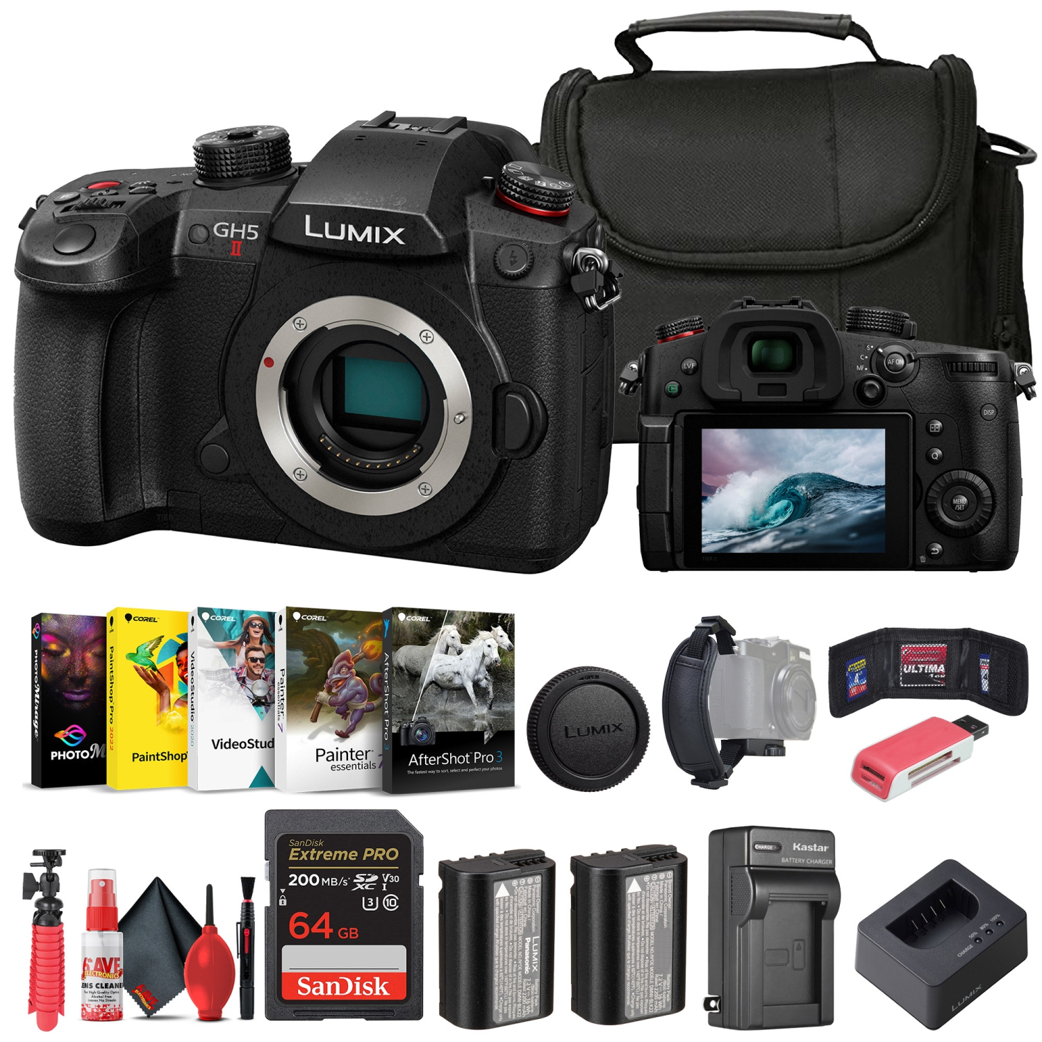 Panasonic Lumix GH5 II Mirrorless Camera + Corel Photo Software + Bag + 64GB Card + More