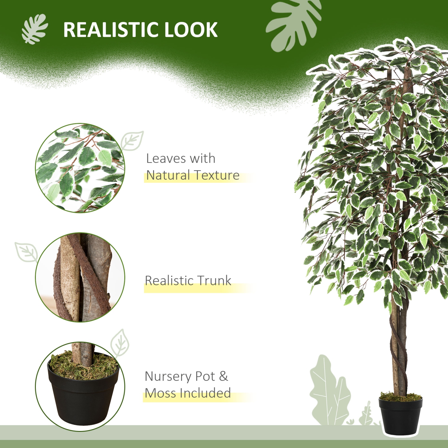 Outsunny 5.3FT Artificial Ficus Tree, Fake Tree with Leaves, Faux Plant in Nursery Pot for Indoor Decoration