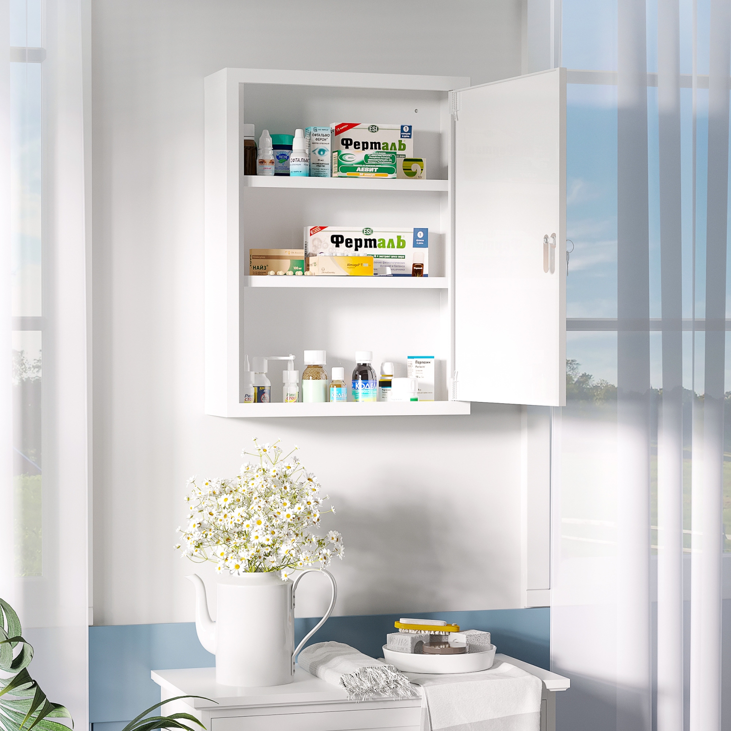 kleankin Steel Wall Mount Medicine Cabinet 3 Tier Emergency Box for  Bathroom Kitchen, Lockable with 2 Keys, White