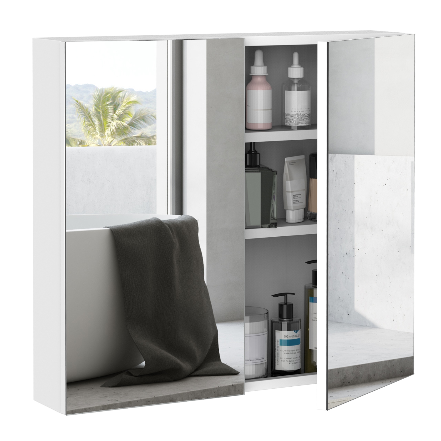 kleankin Bathroom Mirror Cabinet, 24" x 22" Metal Medicine Cabinet, Wall-Mounted Bathroom Cabinet with Double Doors, White
