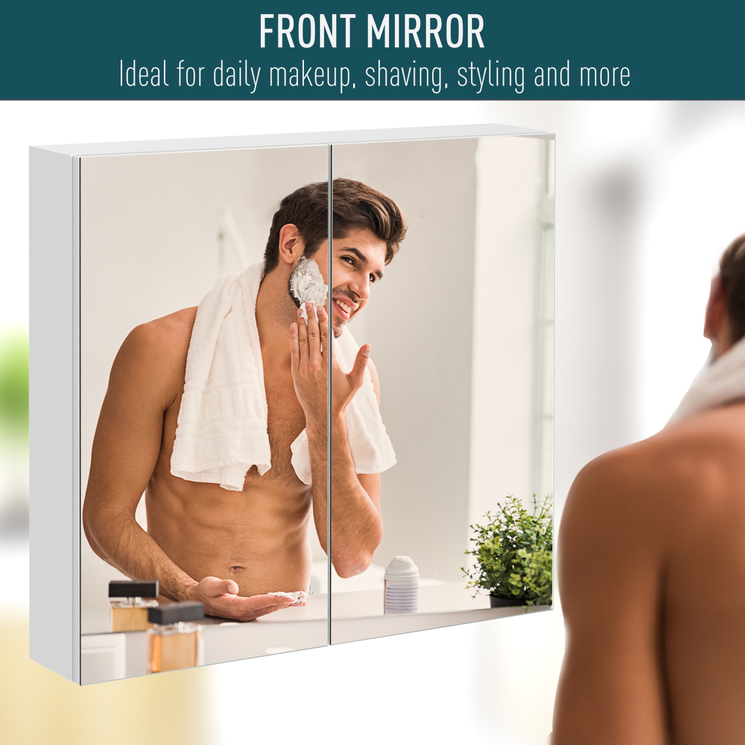 kleankin Bathroom Mirror Cabinet, 24" x 22" Metal Medicine Cabinet, Wall-Mounted Bathroom Cabinet with Double Doors, White