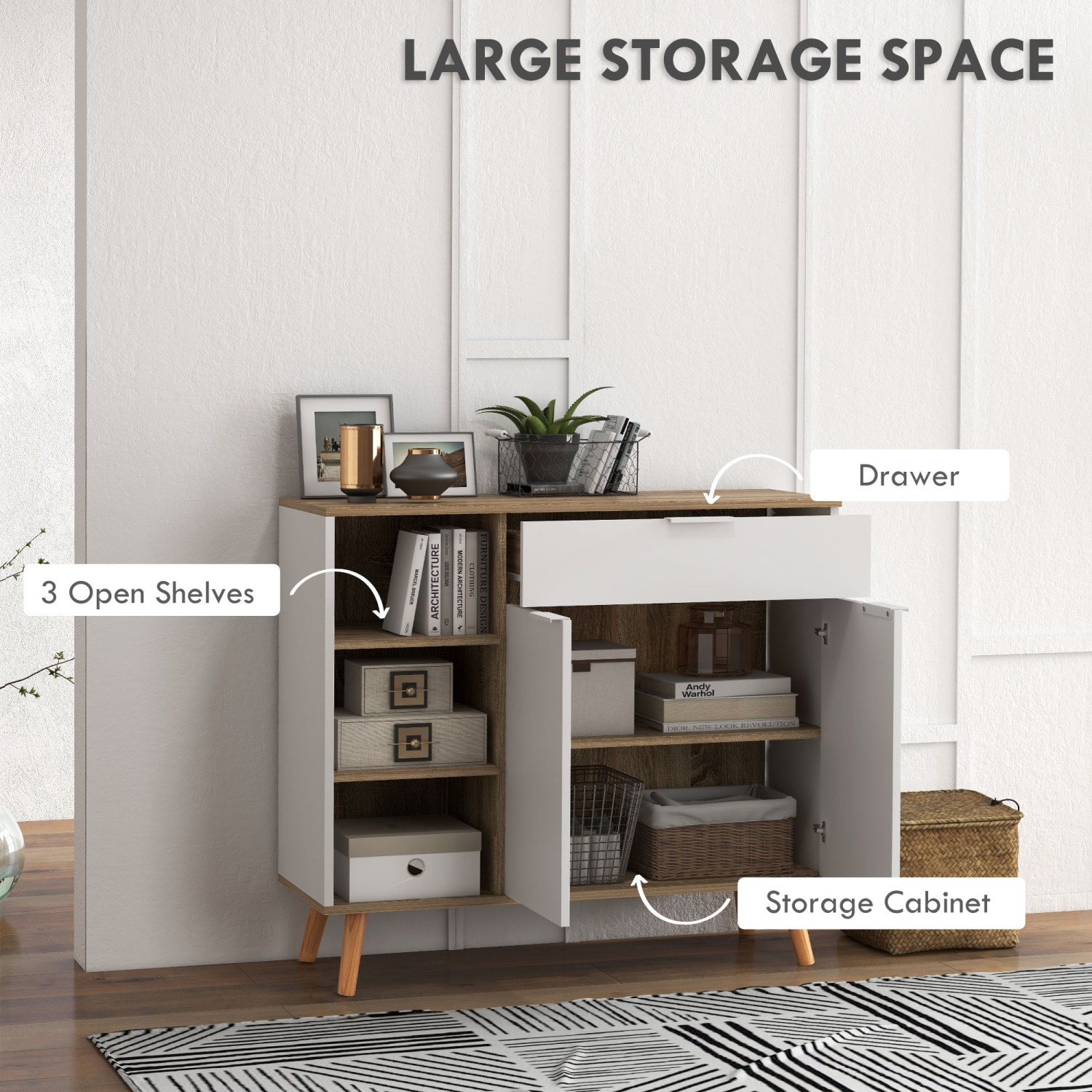 HOMCOM Sideboard, Modern Kitchen Cabinet, Storage Cabinet with Drawer, Soft Close Doors, 3 Open Compartments and Adjustable Shelves, White