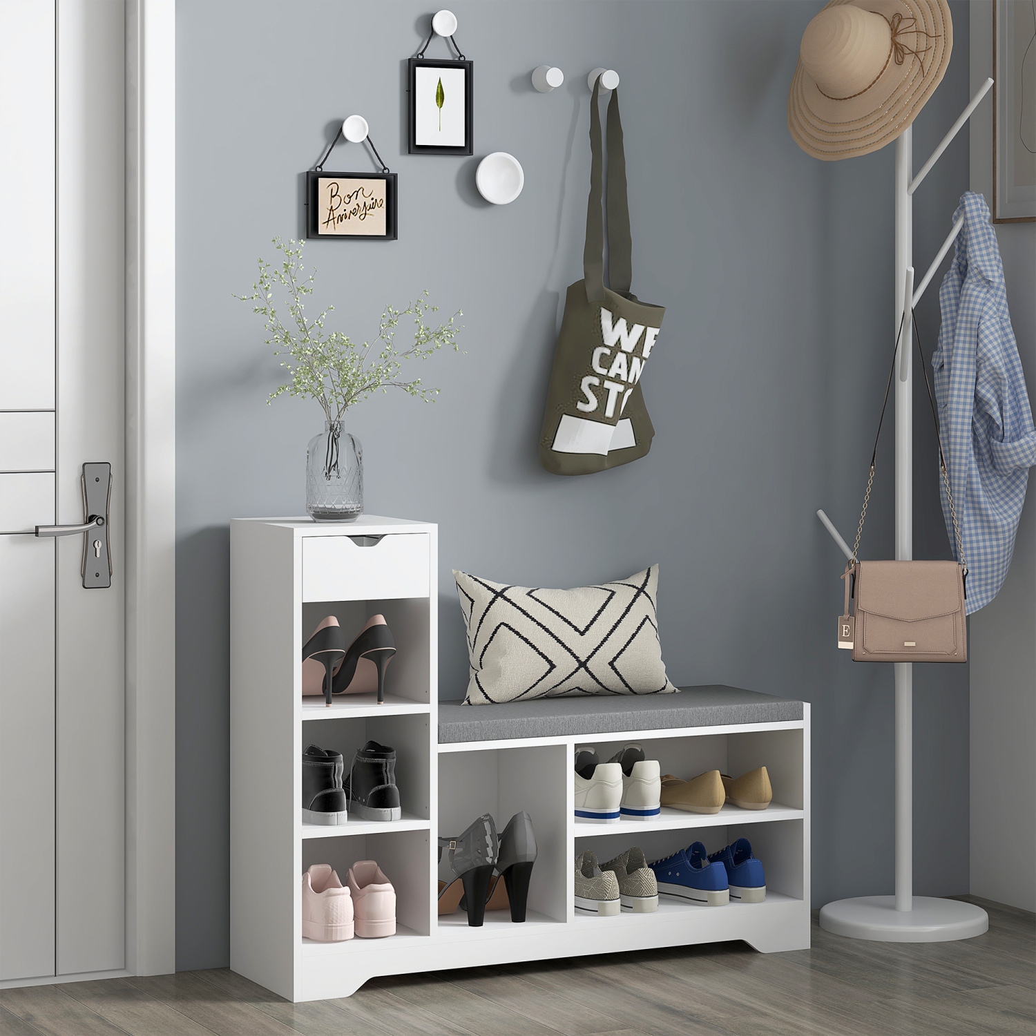 Banc à chaussures de HOMCOM avec coussin de siège, banc d'entrée avec tablettes réglables, tiroir, 6 compartiments ouverts et dessus de table pour