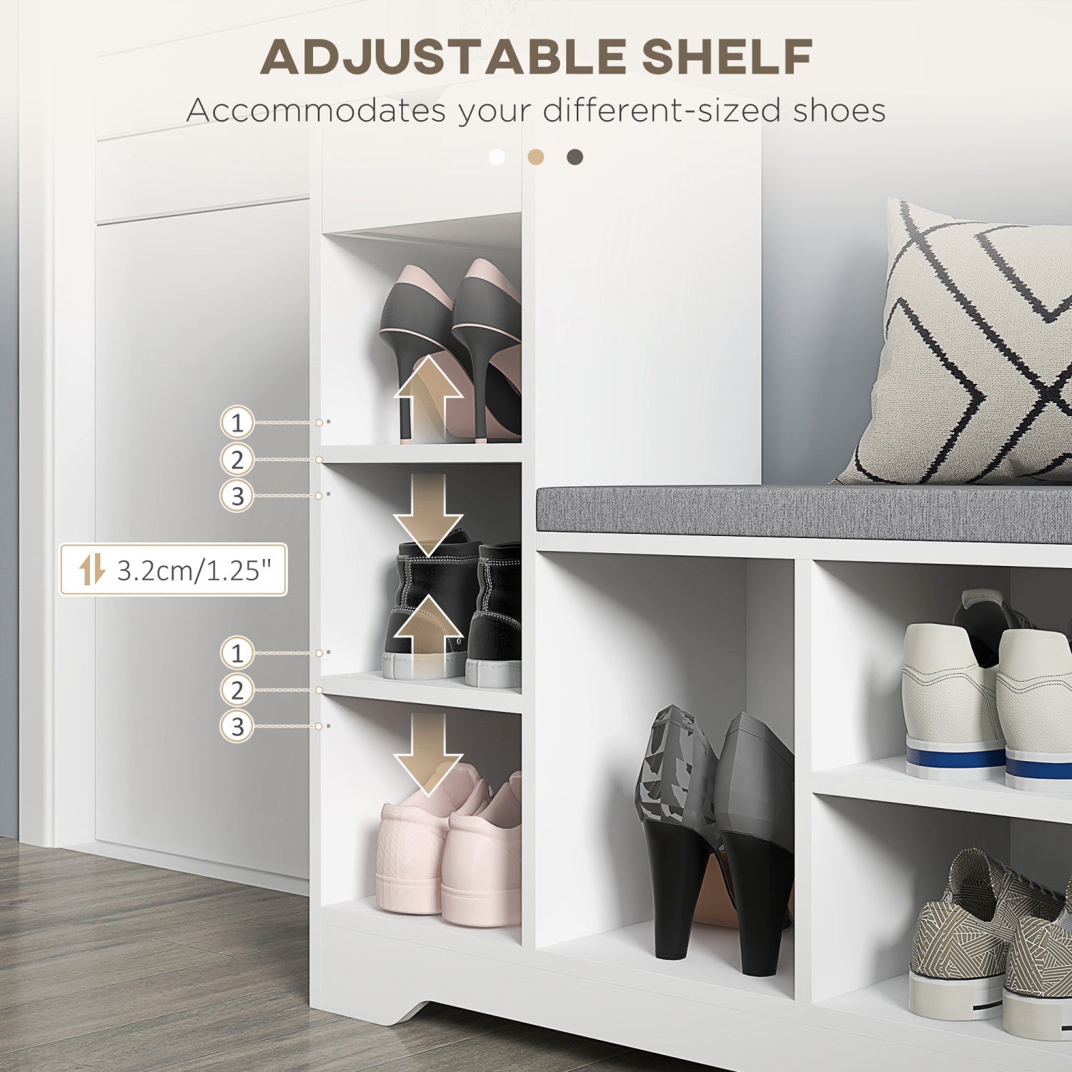 Banc à chaussures de HOMCOM avec coussin de siège, banc d'entrée avec tablettes réglables, tiroir, 6 compartiments ouverts et dessus de table pour