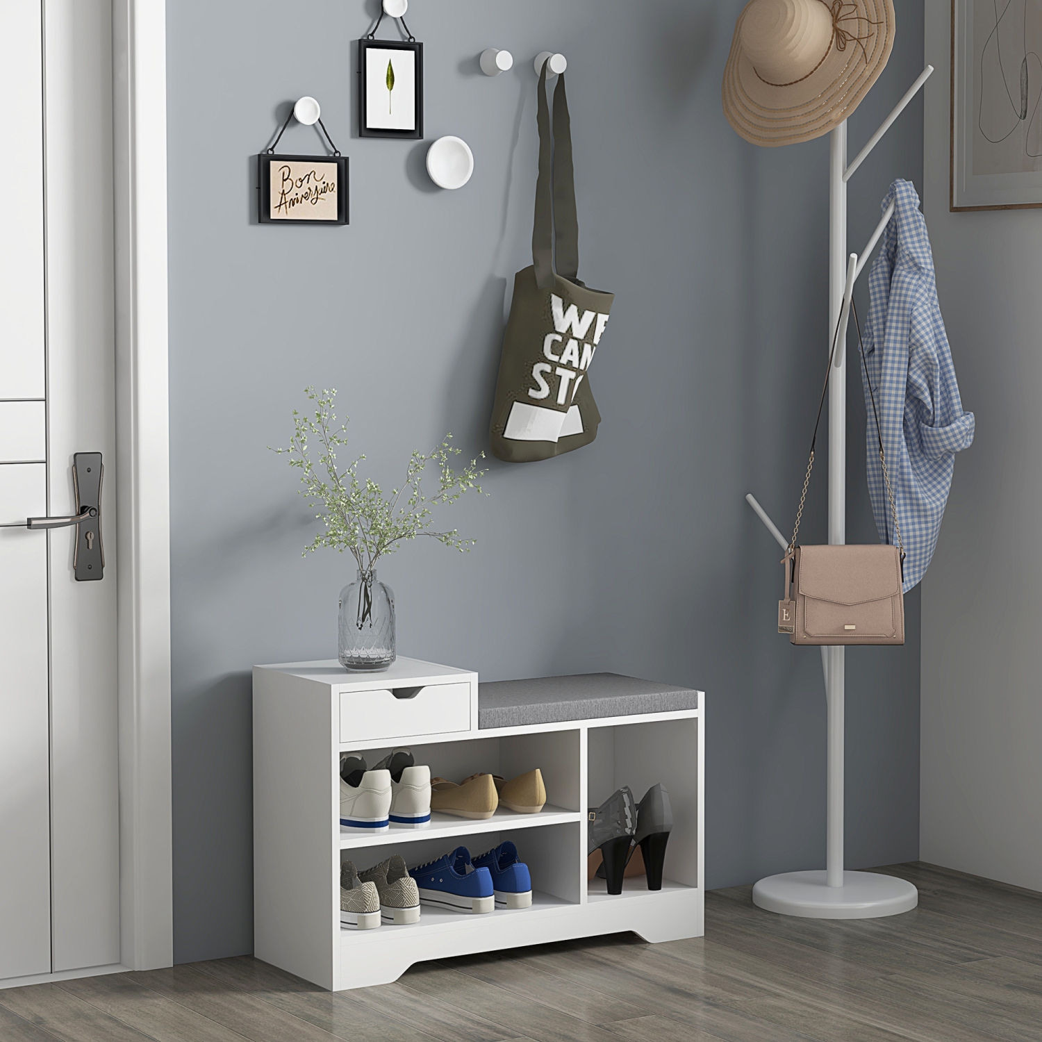 HOMCOM Shoe Bench with Storage, Modern Upholstered Entryway Bench with Shelves, Drawer, Table Top and Padded Cushion for Living Room, Hallway, White