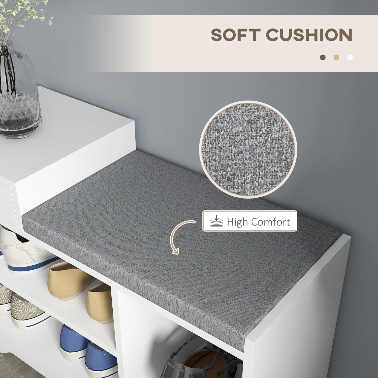 HOMCOM Shoe Bench with Storage, Modern Upholstered Entryway Bench with Shelves, Drawer, Table Top and Padded Cushion for Living Room, Hallway, White