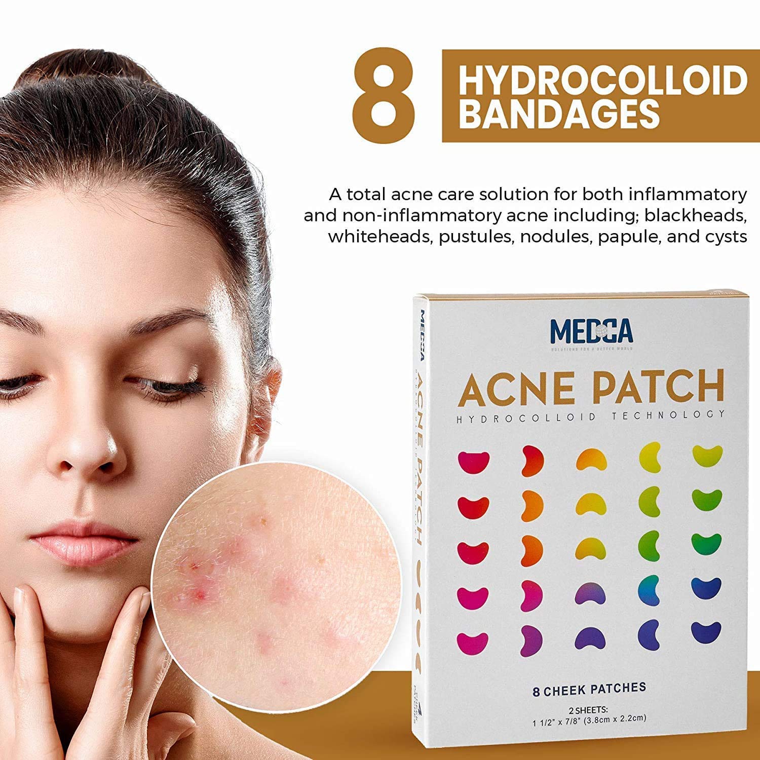 Medca Acne Care Pimple Patch Absorbing Covers - 16 Count Cheek Size Acne Spot Treatment Hydrocolloid Bandage Face & Skin Spot Patch Conceals Acne,