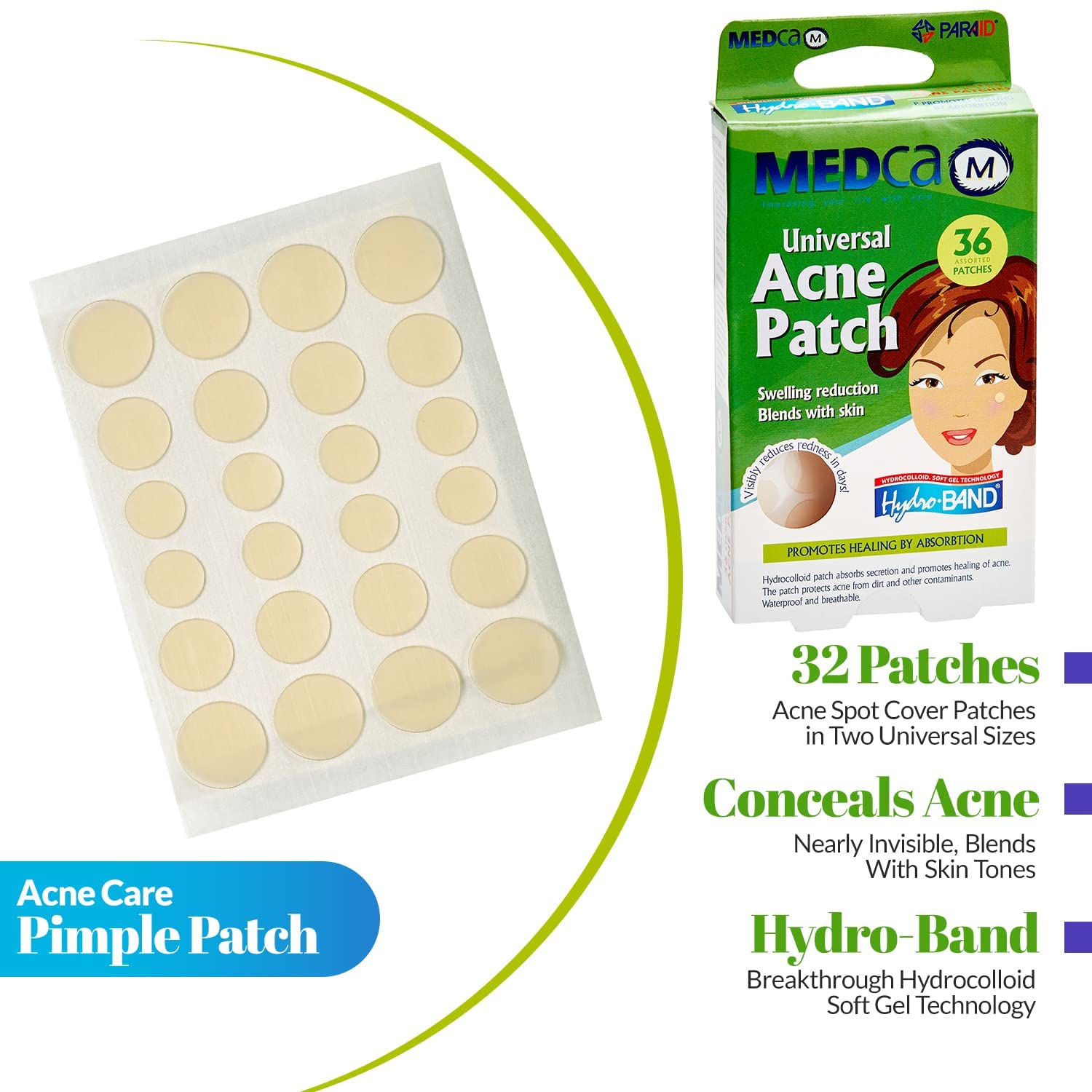 Medca Acne Care Pimple Patch Absorbing Cover - Hydrocolloid Bandages Two Universal Sizes, Acne Spot Treatment for Face & Skin Spot Patch, Reduces