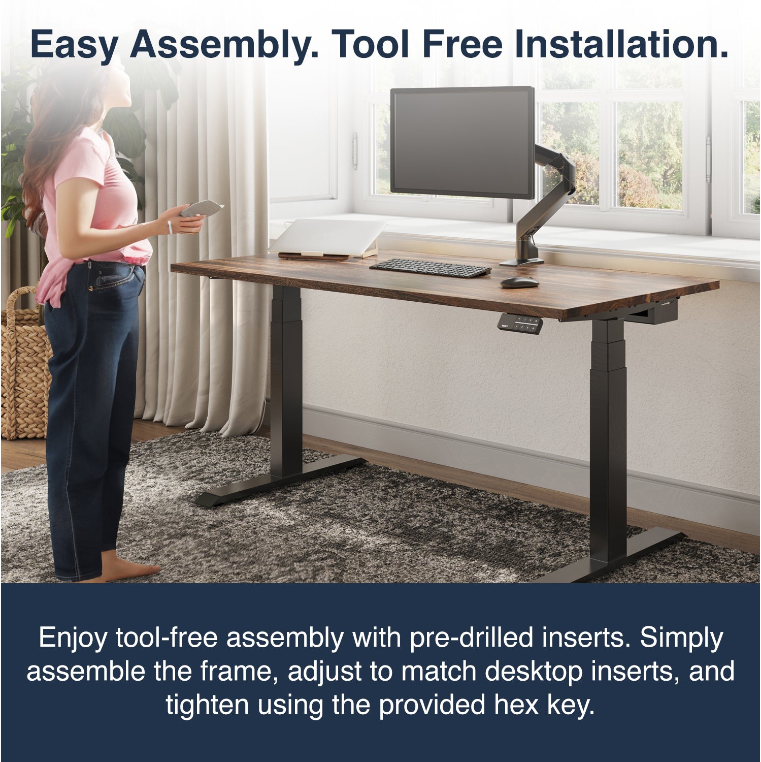 Desky Dual Hardwood Sit Stand Desk - Natural Walnut / Matte Black Standing Computer Desk For Home Office & Study 48" x 30"