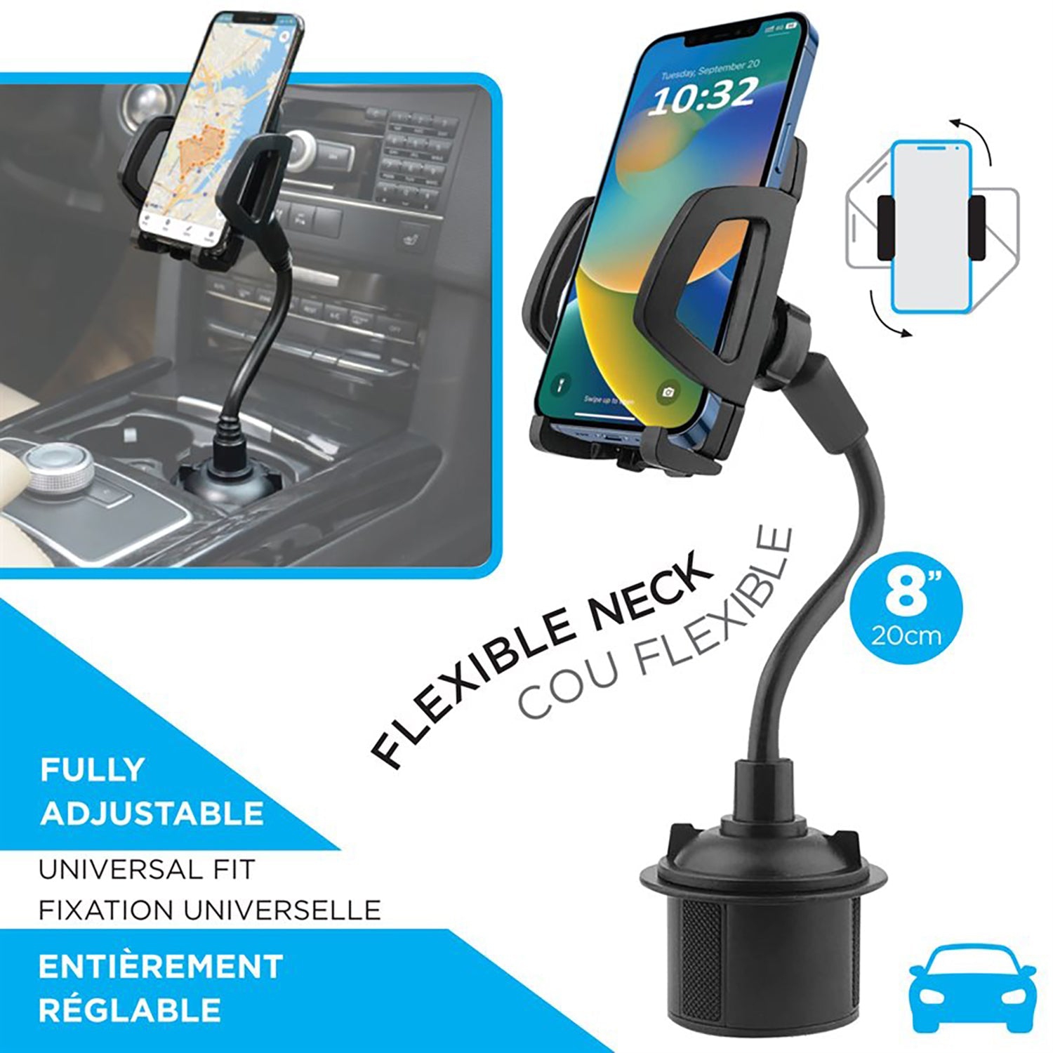 Elink - Universal Phone Holder with Rotating Head, for Car Cup Holder, Black