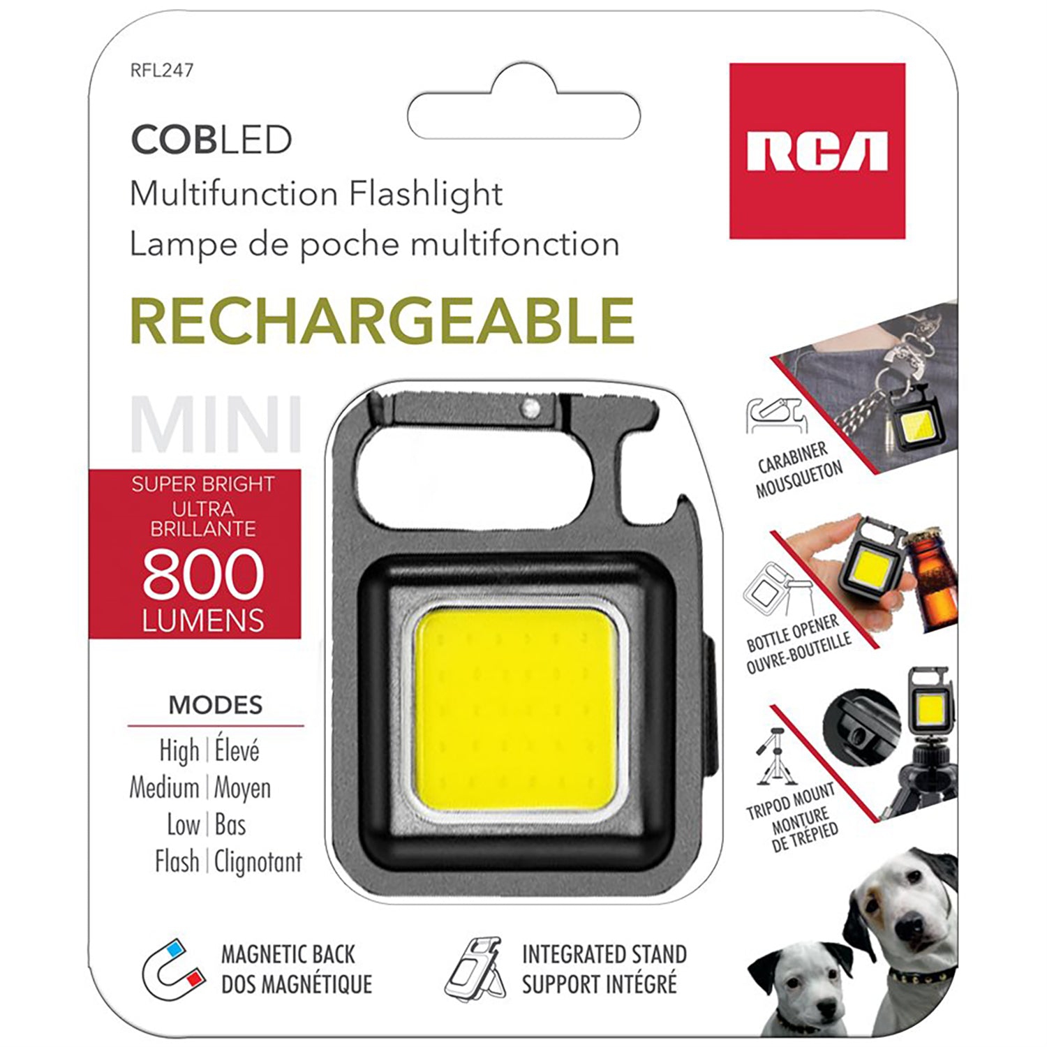 RCA - Mini Rechargeable COB Flashlight with Carabiner, Rechargeable, 800 Lumens